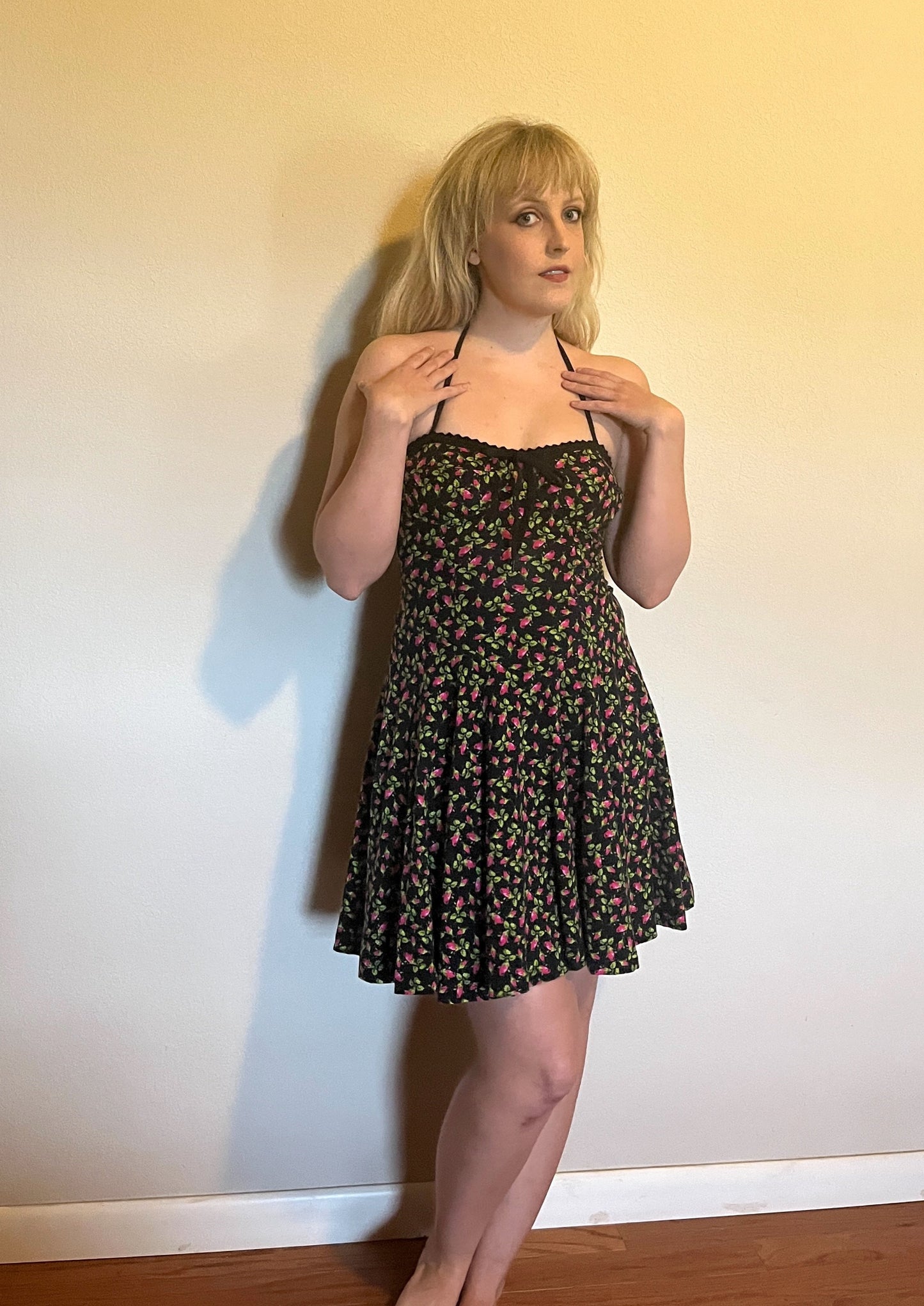 Vintage Y2K "Betsey Johnson" (Punk Label Throwback) Black & Pink Rosebud Dress