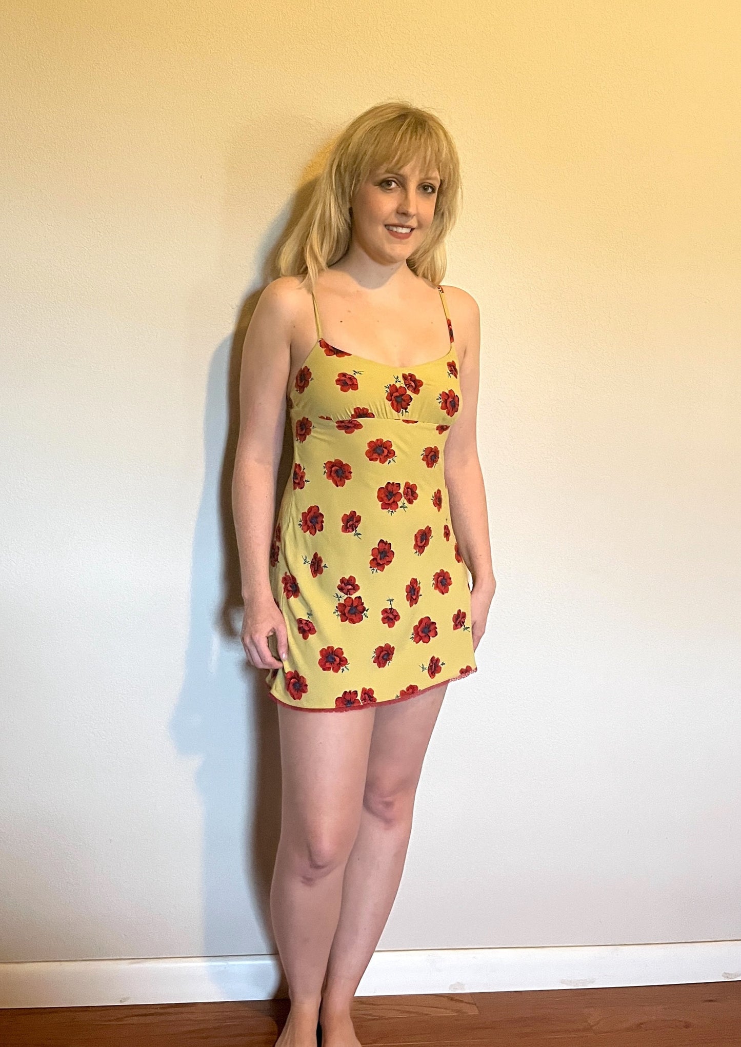 Vintage 1990's "Betsey Johnson" Red Poppy Print on Yellow w/ Red Lace Slip Dress