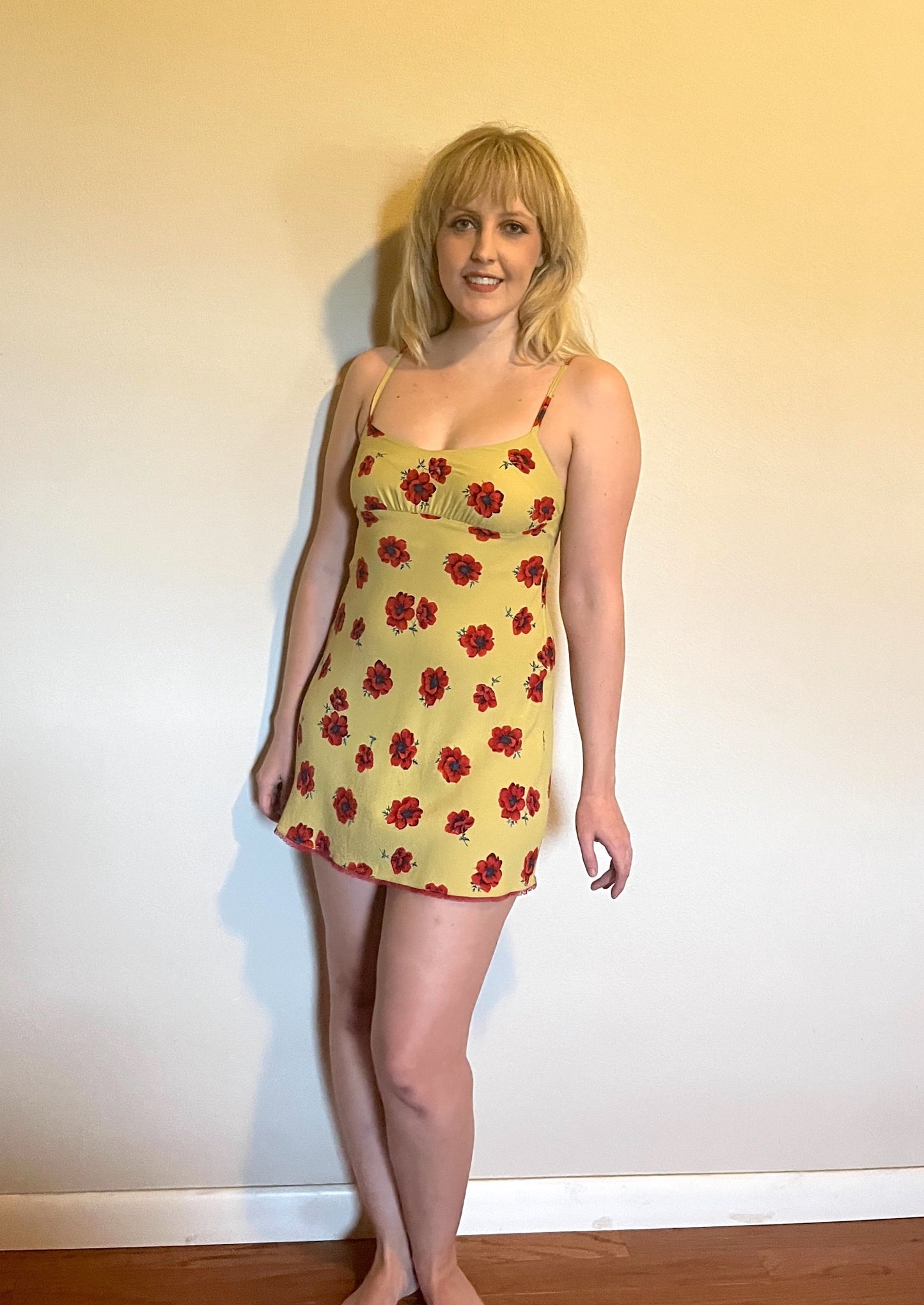 Vintage 1990's "Betsey Johnson" Red Poppy Print on Yellow w/ Red Lace Slip Dress