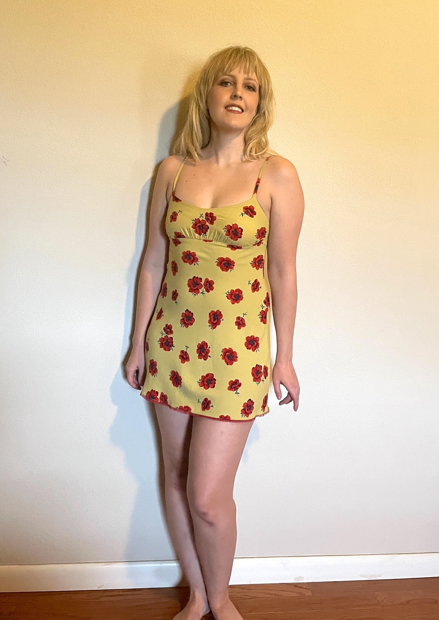 Vintage 1990's "Betsey Johnson" Red Poppy Print on Yellow w/ Red Lace Slip Dress