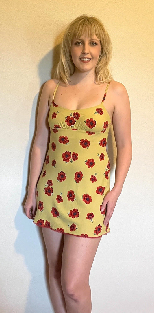 Vintage 1990's "Betsey Johnson" Red Poppy Print on Yellow w/ Red Lace Slip Dress