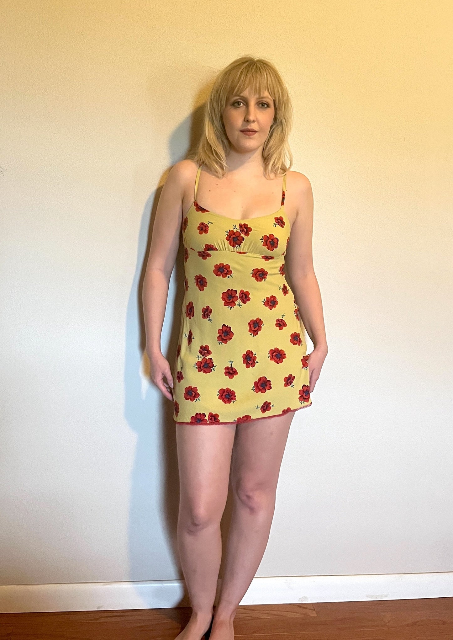 Vintage 1990's "Betsey Johnson" Red Poppy Print on Yellow w/ Red Lace Slip Dress