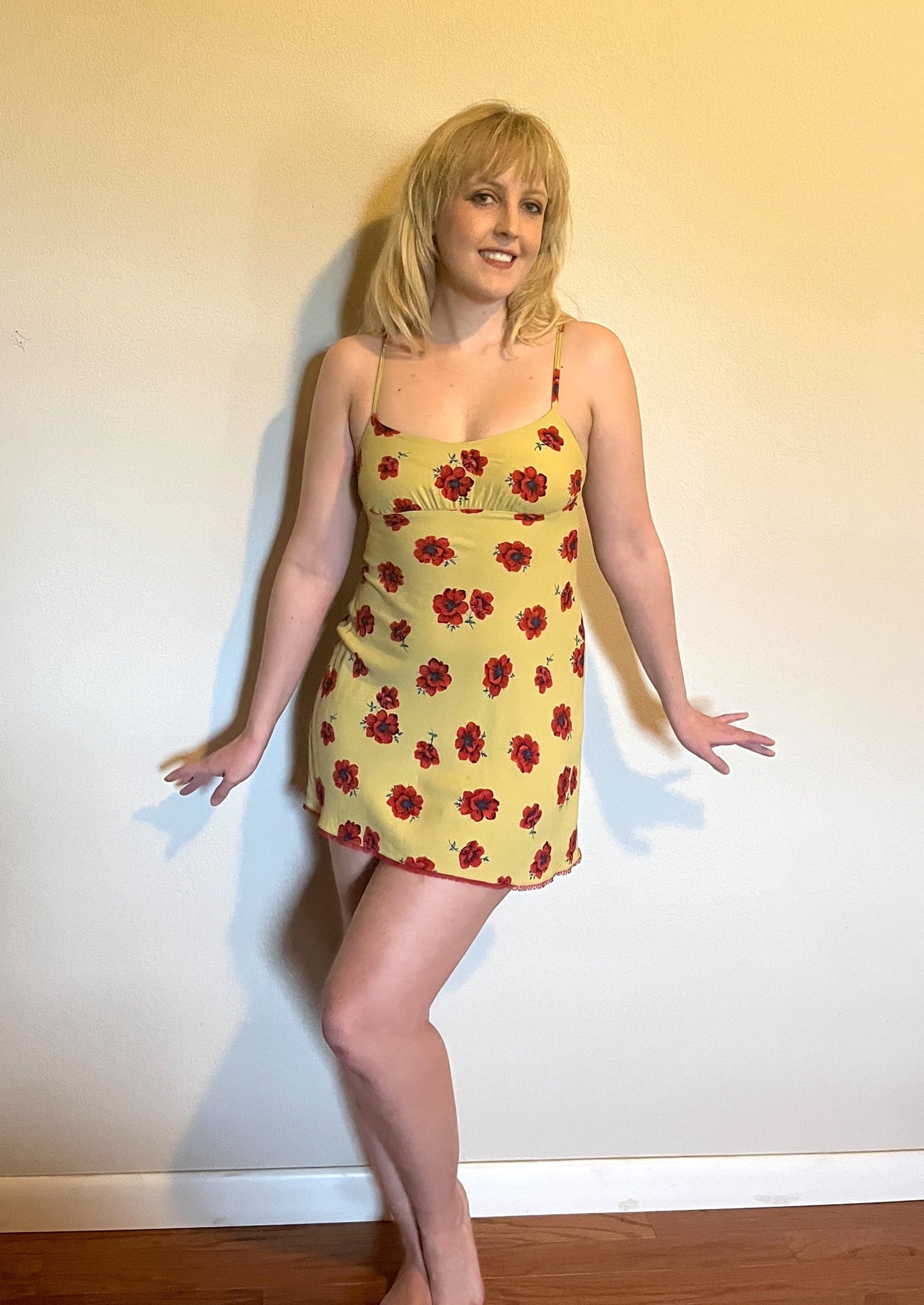 Vintage 1990's "Betsey Johnson" Red Poppy Print on Yellow w/ Red Lace Slip Dress