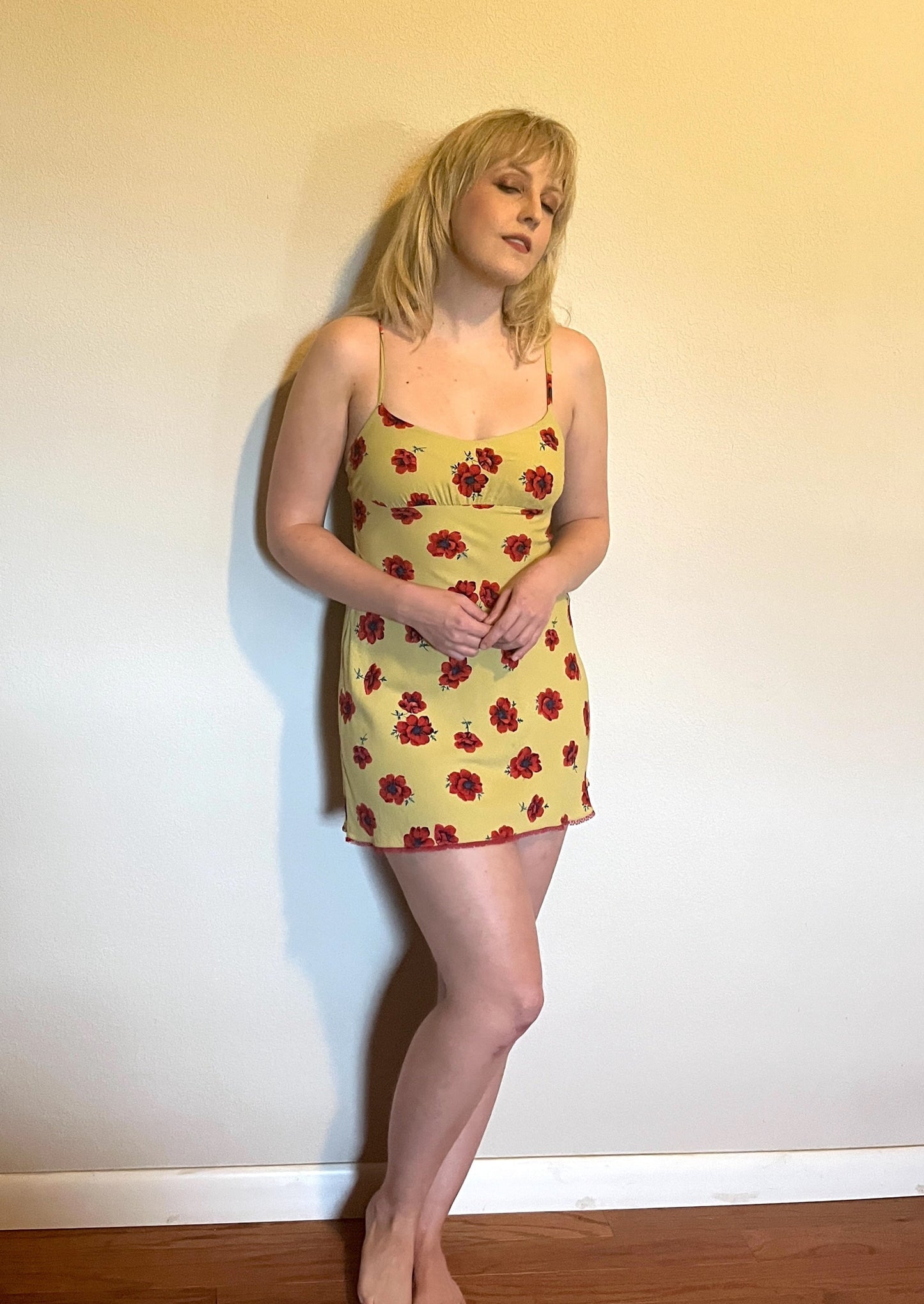 Vintage 1990's "Betsey Johnson" Red Poppy Print on Yellow w/ Red Lace Slip Dress