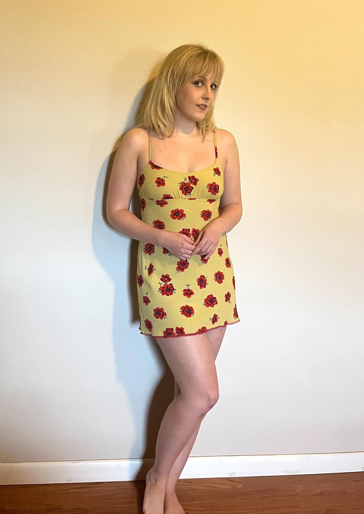 Vintage 1990's "Betsey Johnson" Red Poppy Print on Yellow w/ Red Lace Slip Dress
