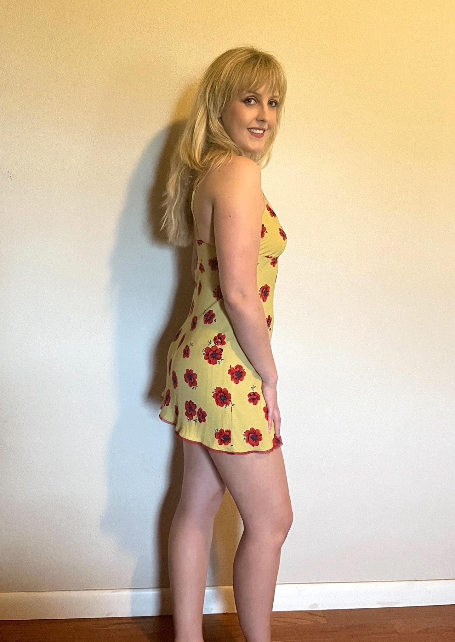 Vintage 1990's "Betsey Johnson" Red Poppy Print on Yellow w/ Red Lace Slip Dress