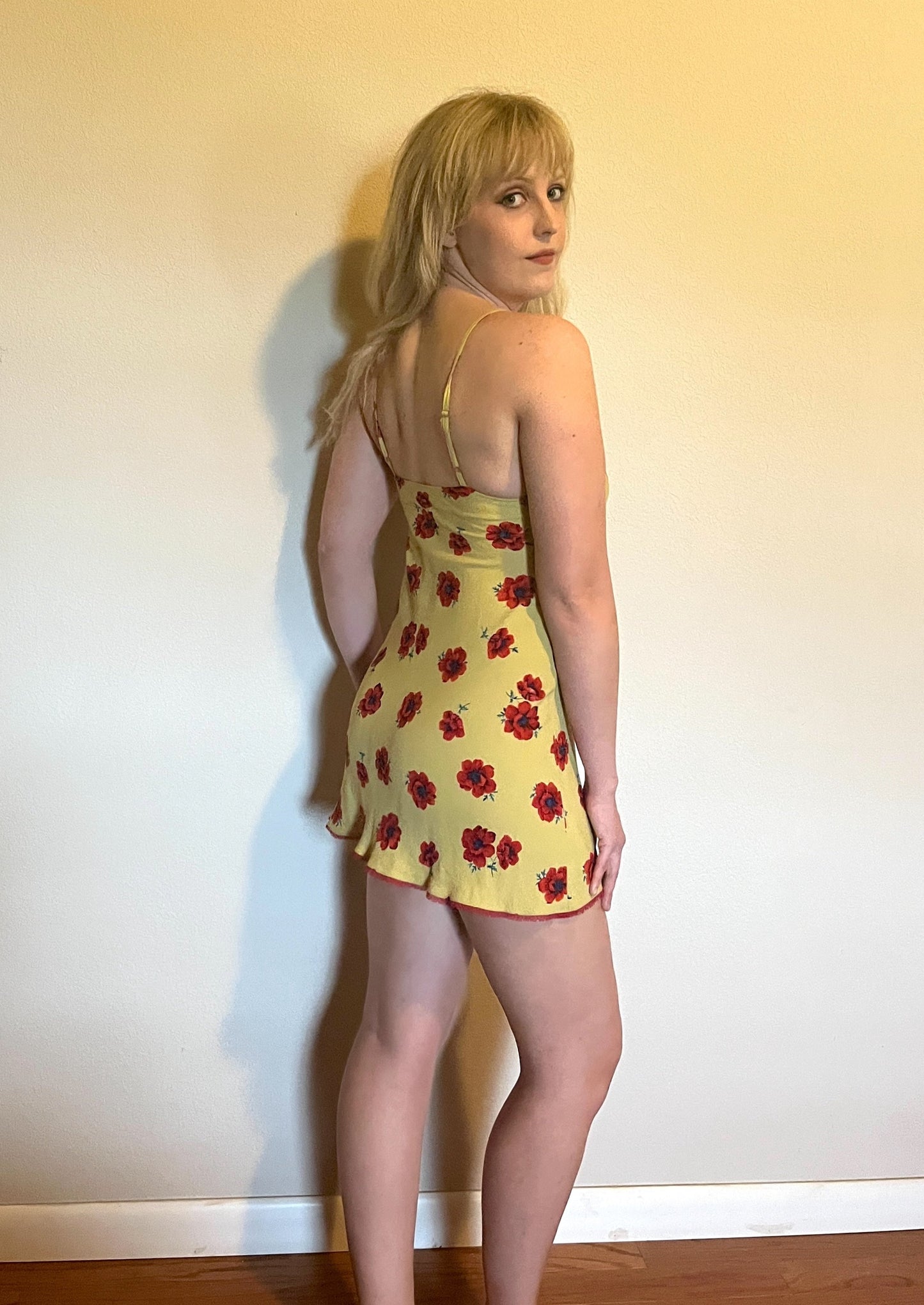 Vintage 1990's "Betsey Johnson" Red Poppy Print on Yellow w/ Red Lace Slip Dress