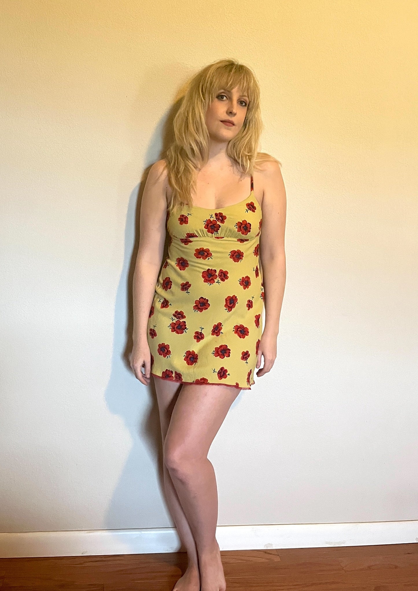 Vintage 1990's "Betsey Johnson" Red Poppy Print on Yellow w/ Red Lace Slip Dress