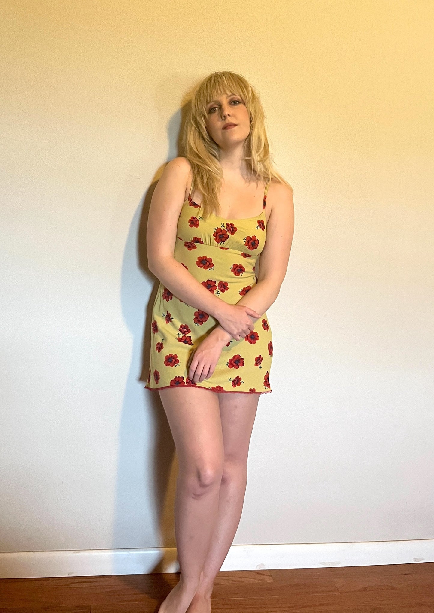 Vintage 1990's "Betsey Johnson" Red Poppy Print on Yellow w/ Red Lace Slip Dress