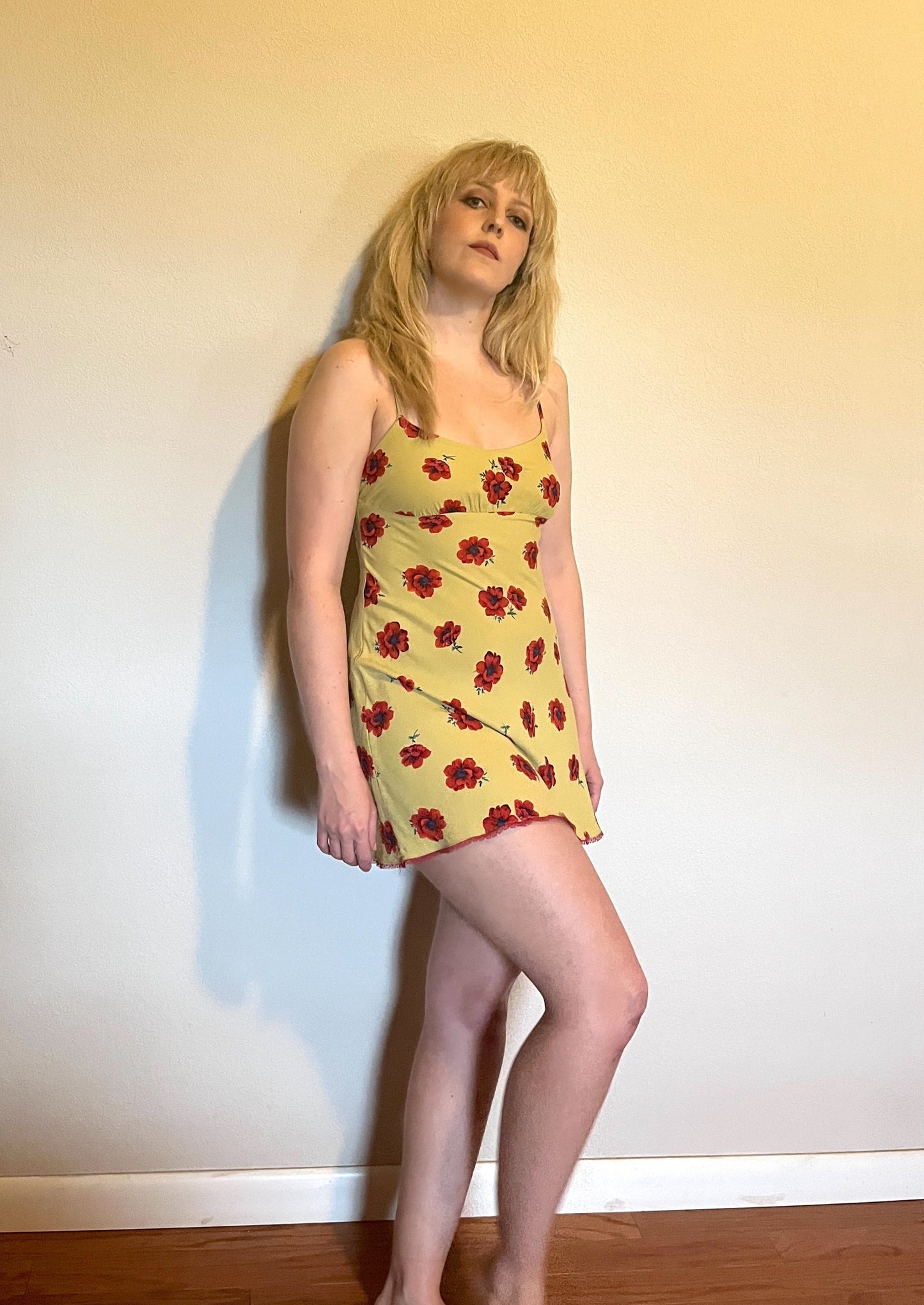 Vintage 1990's "Betsey Johnson" Red Poppy Print on Yellow w/ Red Lace Slip Dress