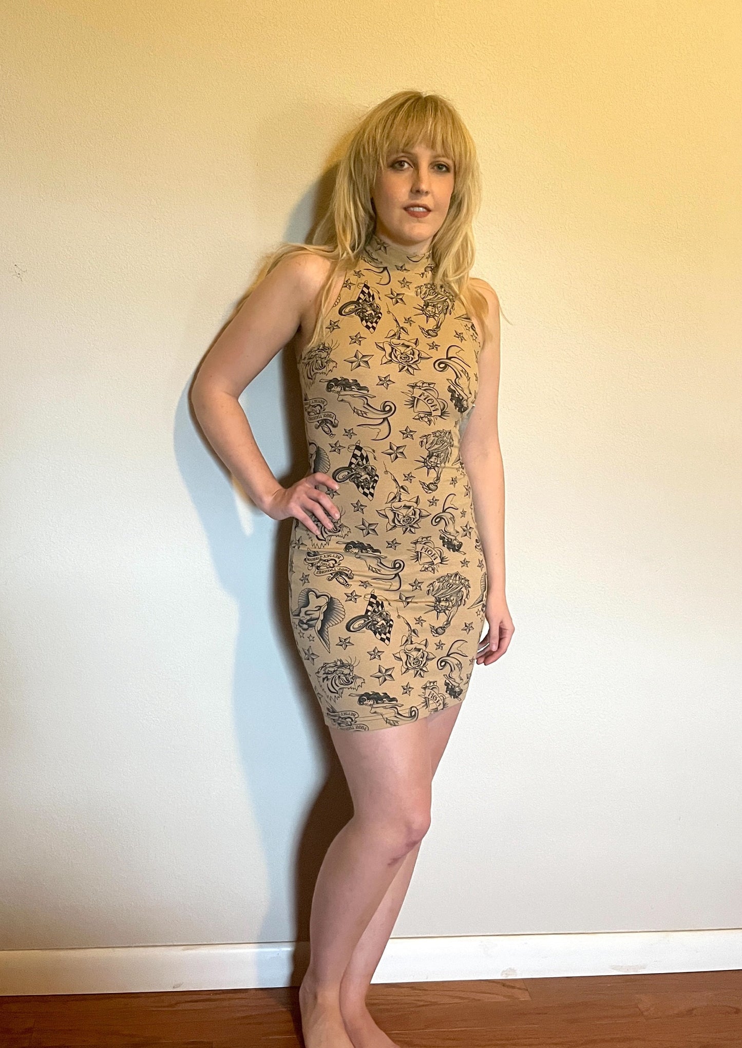 Vintage 1990's "Betsey Johnson" (Punk Label - Red) Tattoo Print Bodycon Dress