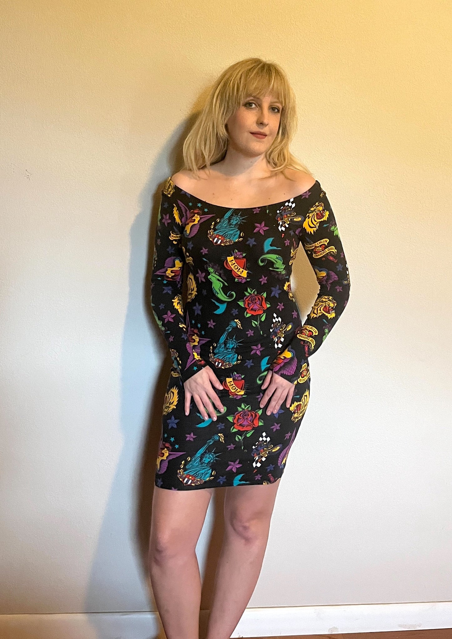 Vintage 1990's "Betsey Johnson" (Punk Label - Purple) Tattoo Print Bodycon Dress