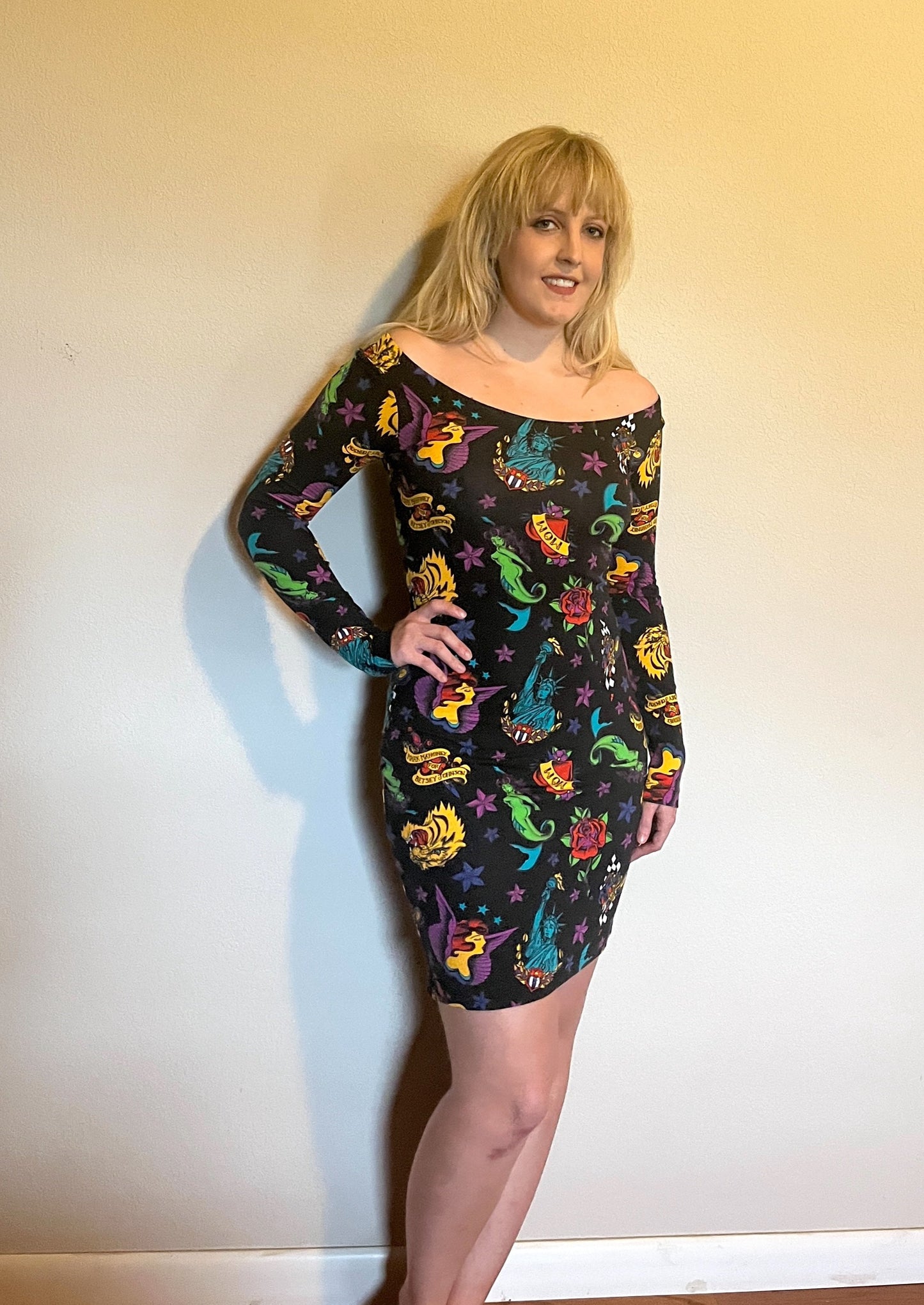 Vintage 1990's "Betsey Johnson" (Punk Label - Purple) Tattoo Print Bodycon Dress