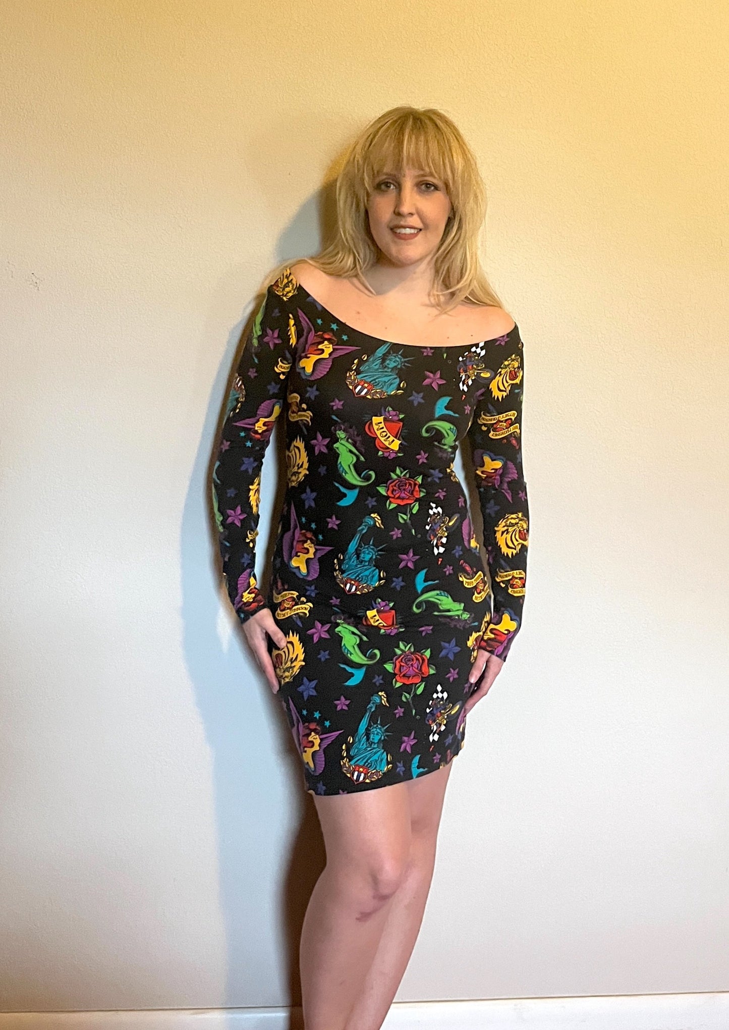 Vintage 1990's "Betsey Johnson" (Punk Label - Purple) Tattoo Print Bodycon Dress