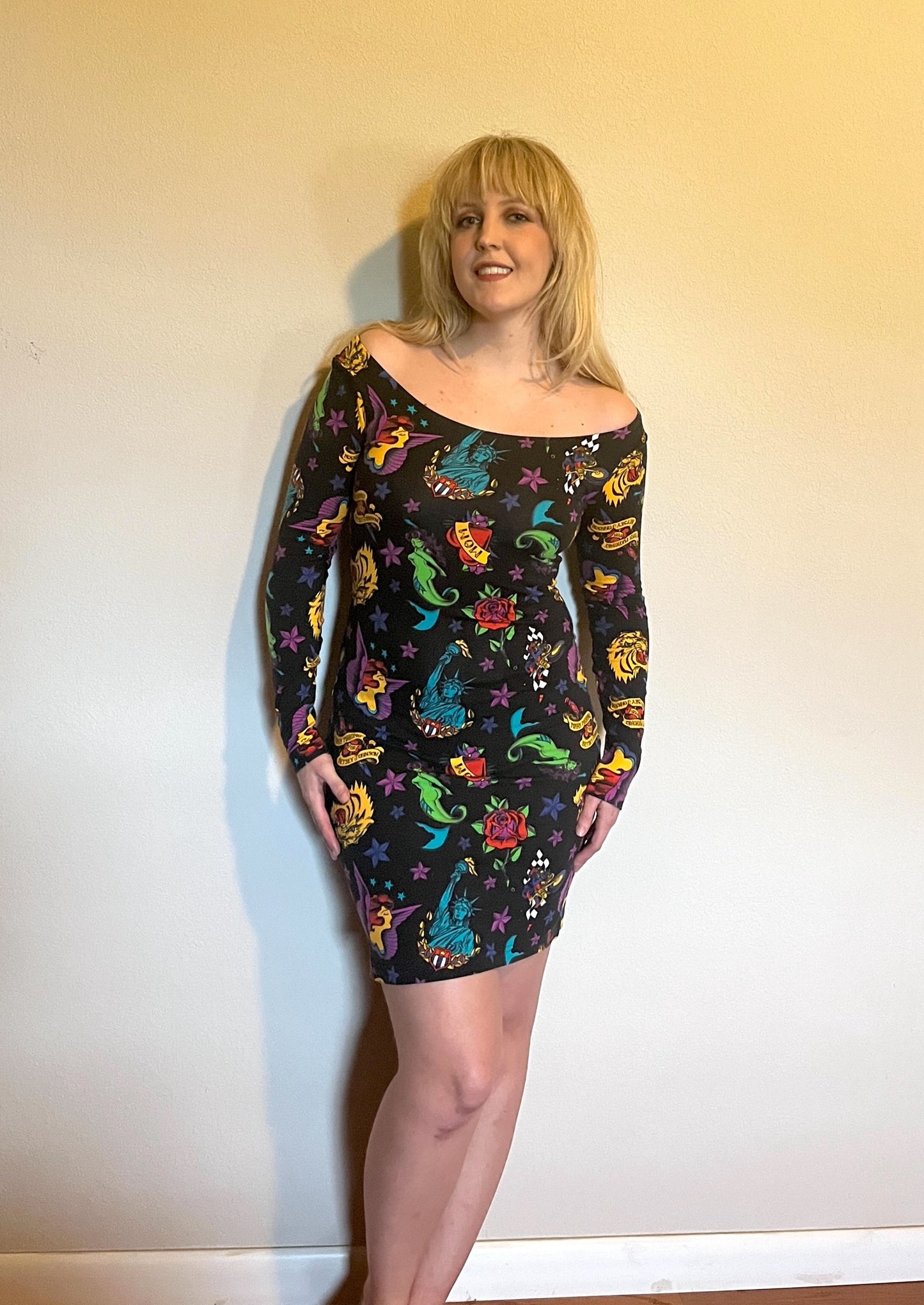 Vintage 1990's "Betsey Johnson" (Punk Label - Purple) Tattoo Print Bodycon Dress