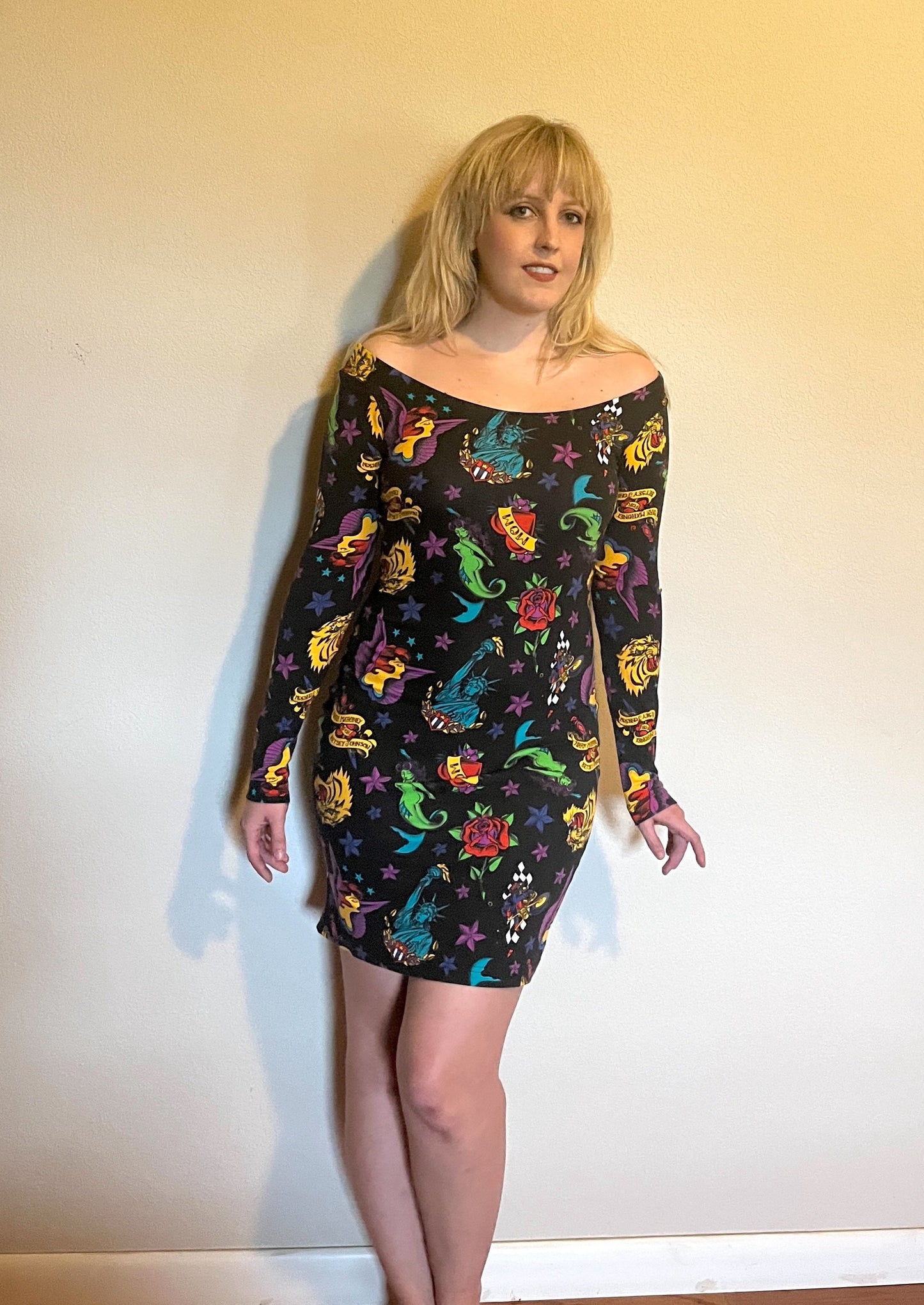 Vintage 1990's "Betsey Johnson" (Punk Label - Purple) Tattoo Print Bodycon Dress