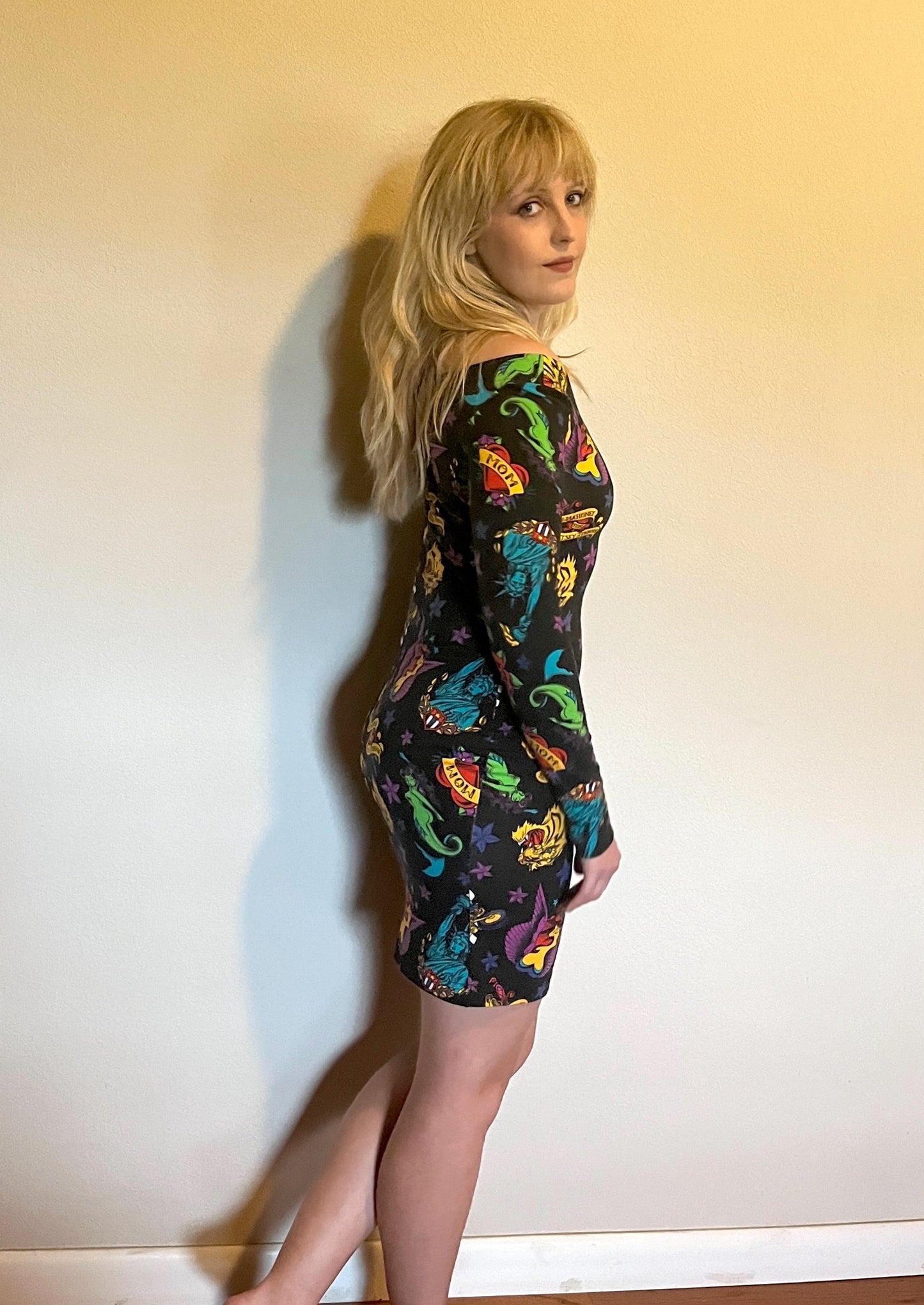 Vintage 1990's "Betsey Johnson" (Punk Label - Purple) Tattoo Print Bodycon Dress