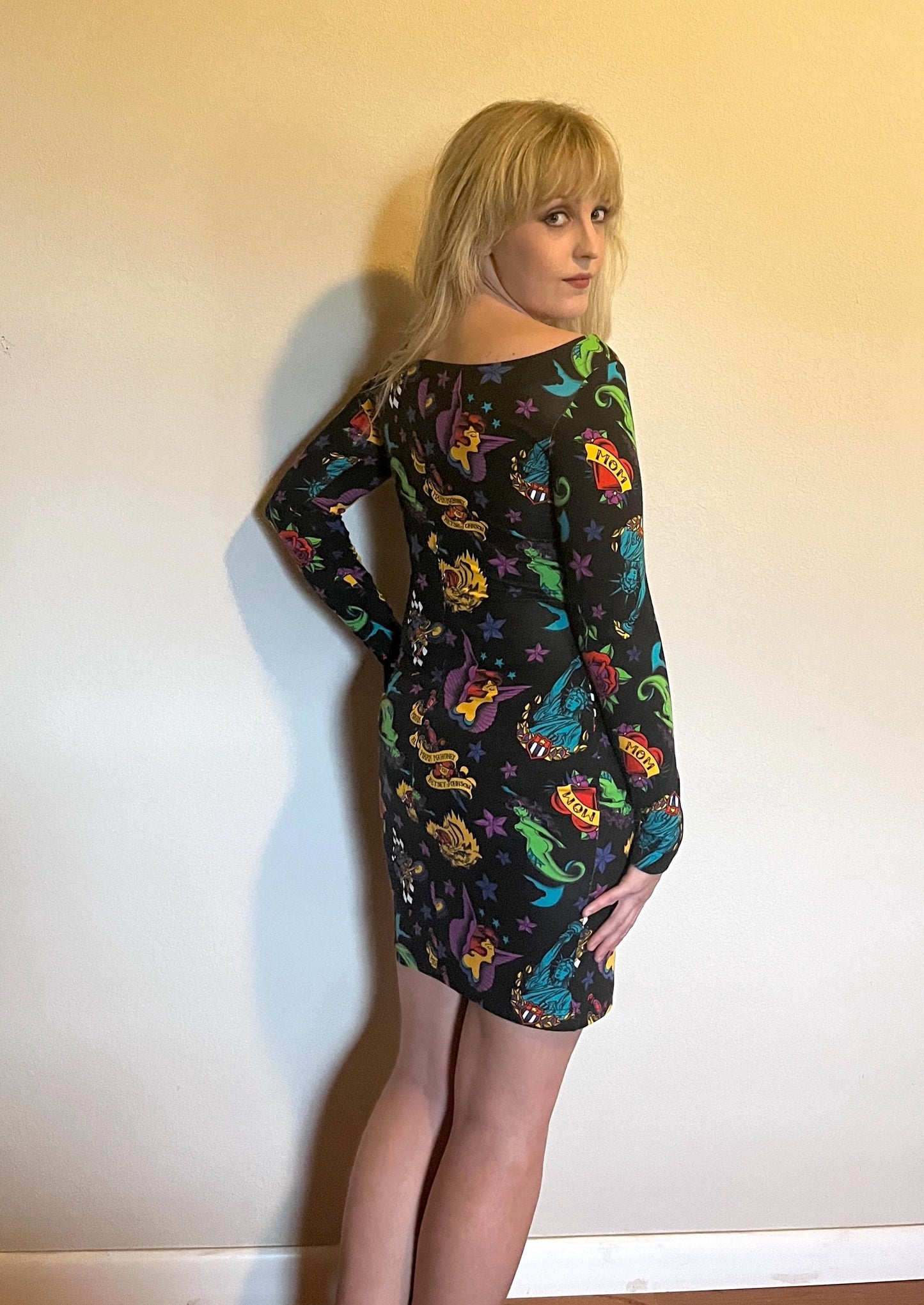 Vintage 1990's "Betsey Johnson" (Punk Label - Purple) Tattoo Print Bodycon Dress