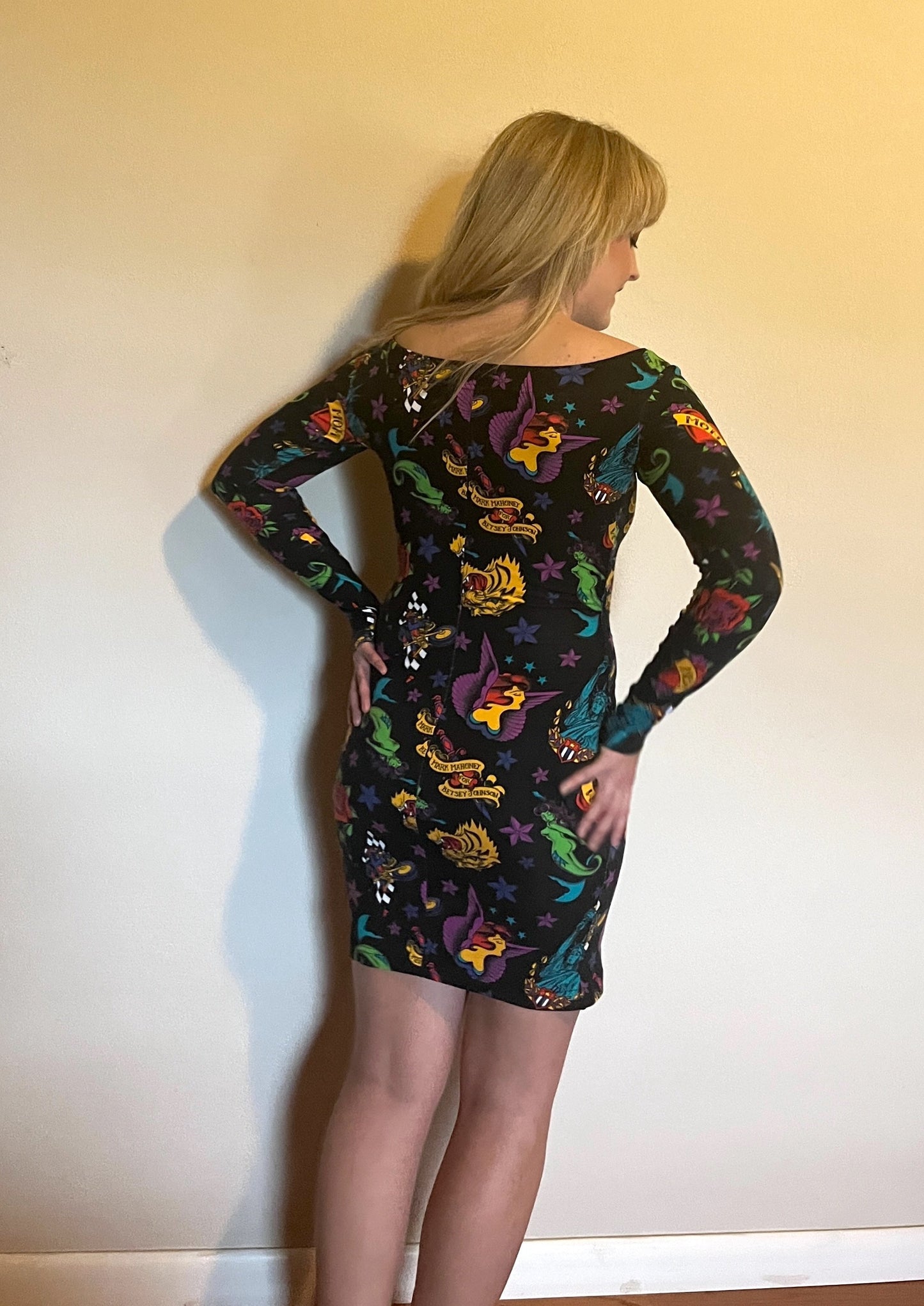 Vintage 1990's "Betsey Johnson" (Punk Label - Purple) Tattoo Print Bodycon Dress