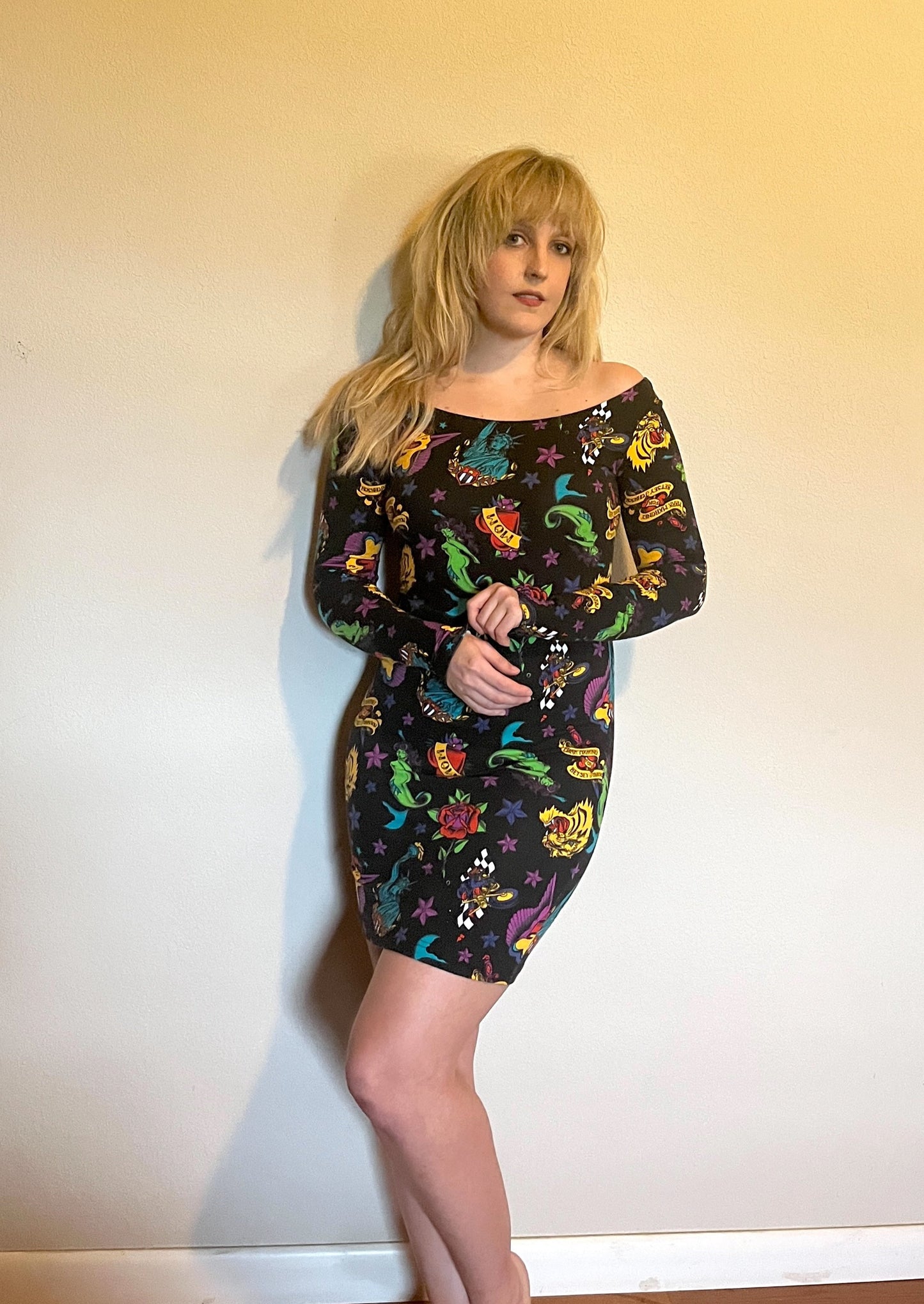 Vintage 1990's "Betsey Johnson" (Punk Label - Purple) Tattoo Print Bodycon Dress