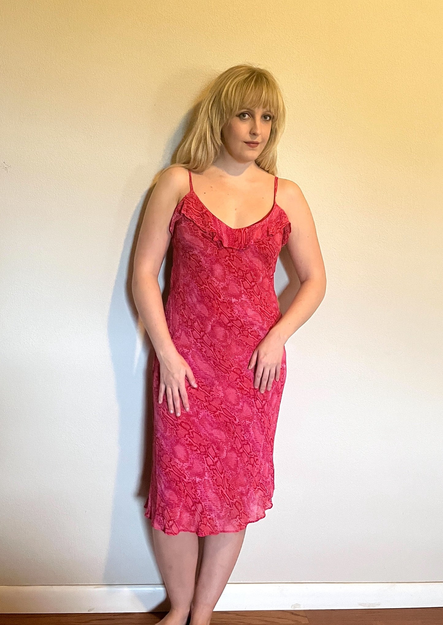 Vintage 1990's "Betsey Johnson" Hot Pink Snake-Print Slip Dress