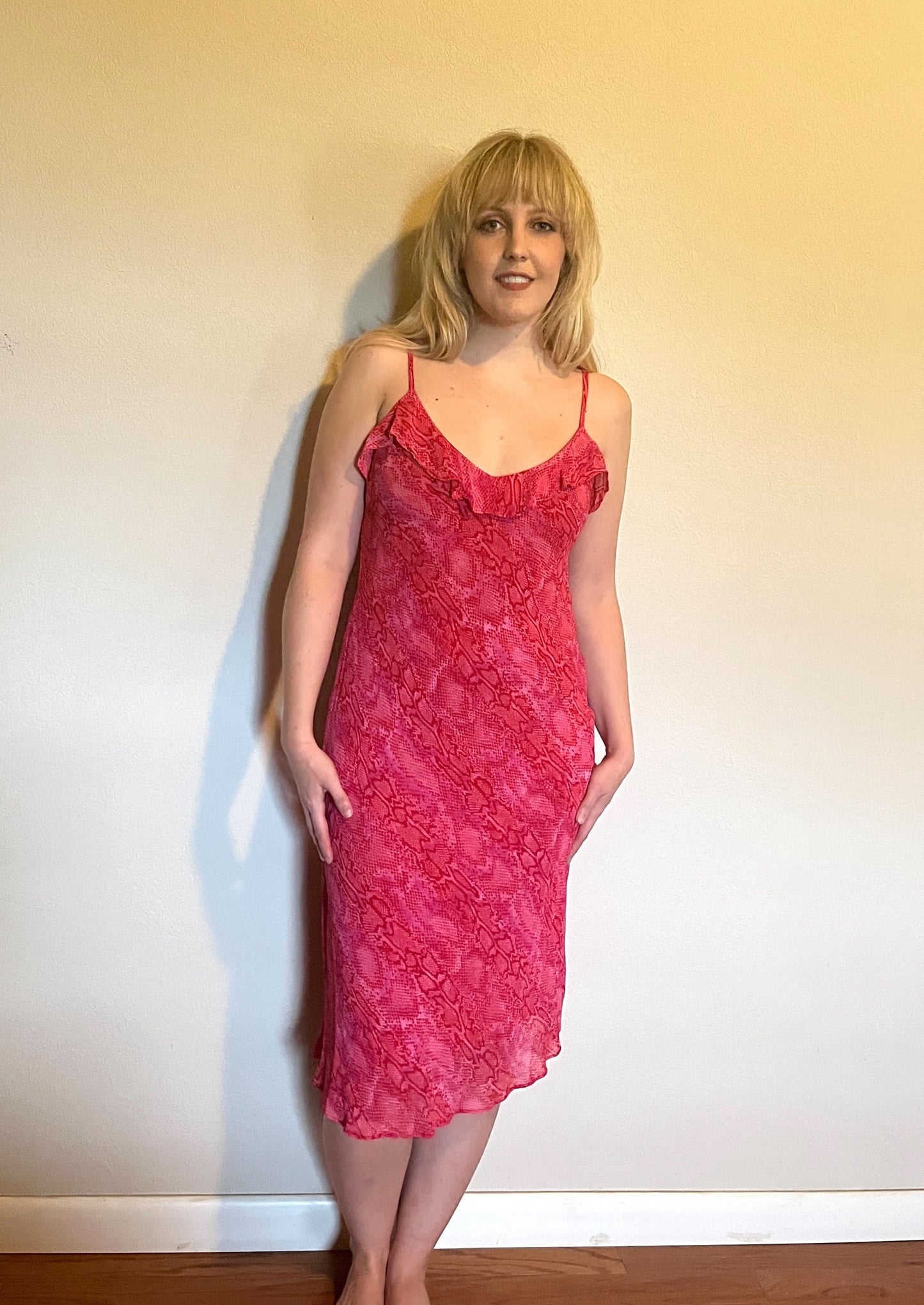 Vintage 1990's "Betsey Johnson" Hot Pink Snake-Print Slip Dress