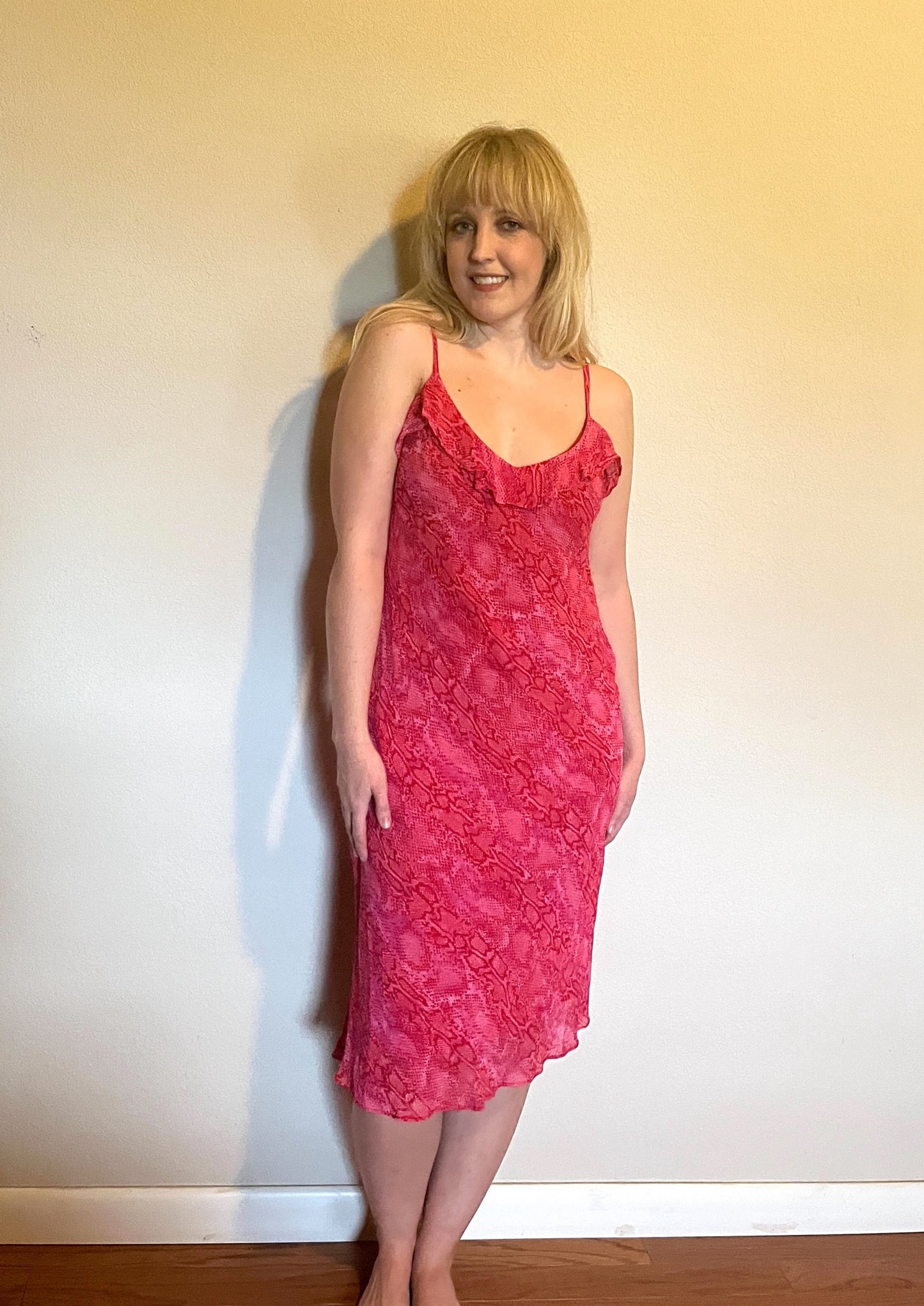 Vintage 1990's "Betsey Johnson" Hot Pink Snake-Print Slip Dress