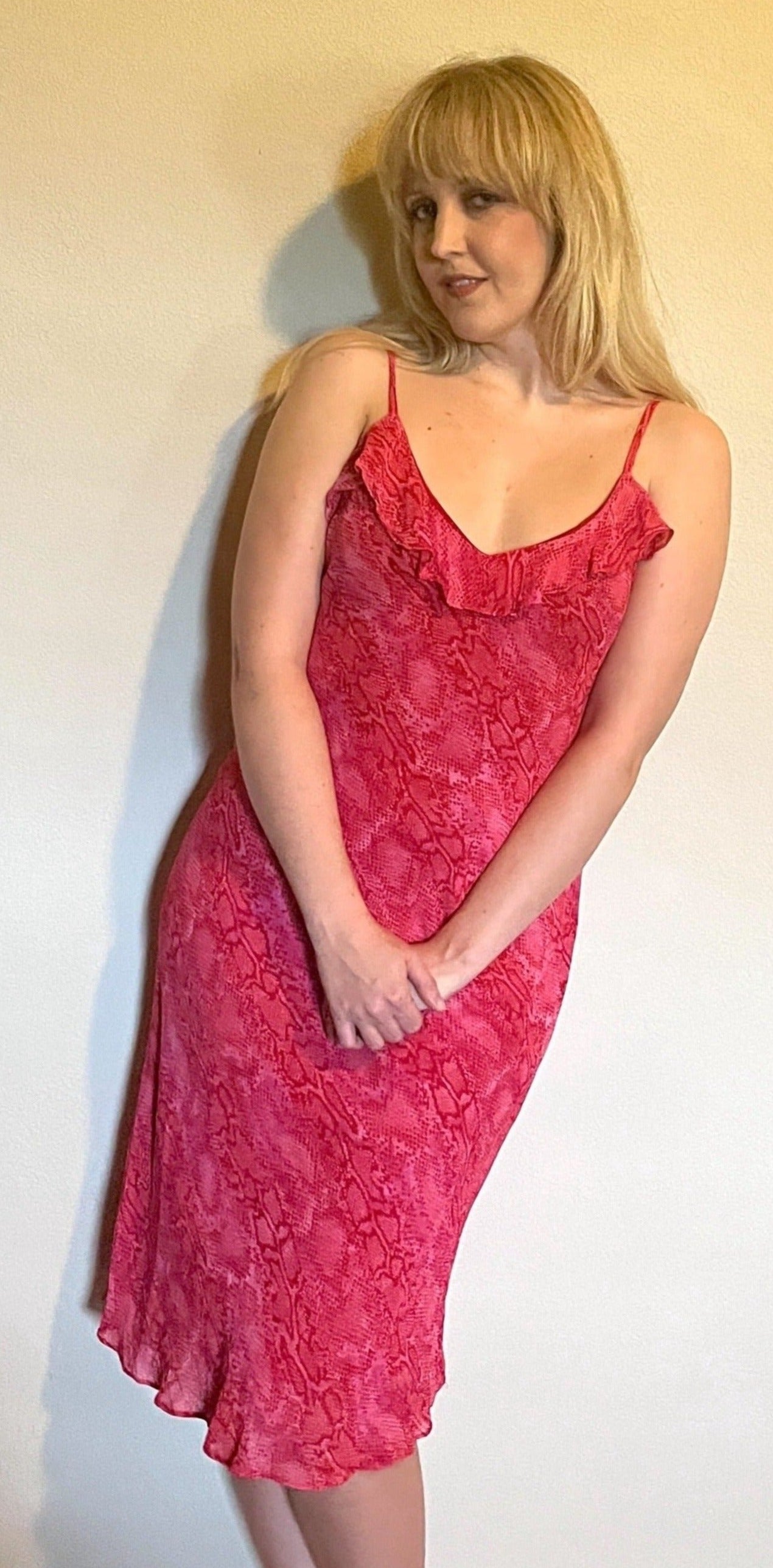 Vintage 1990's "Betsey Johnson" Hot Pink Snake-Print Slip Dress