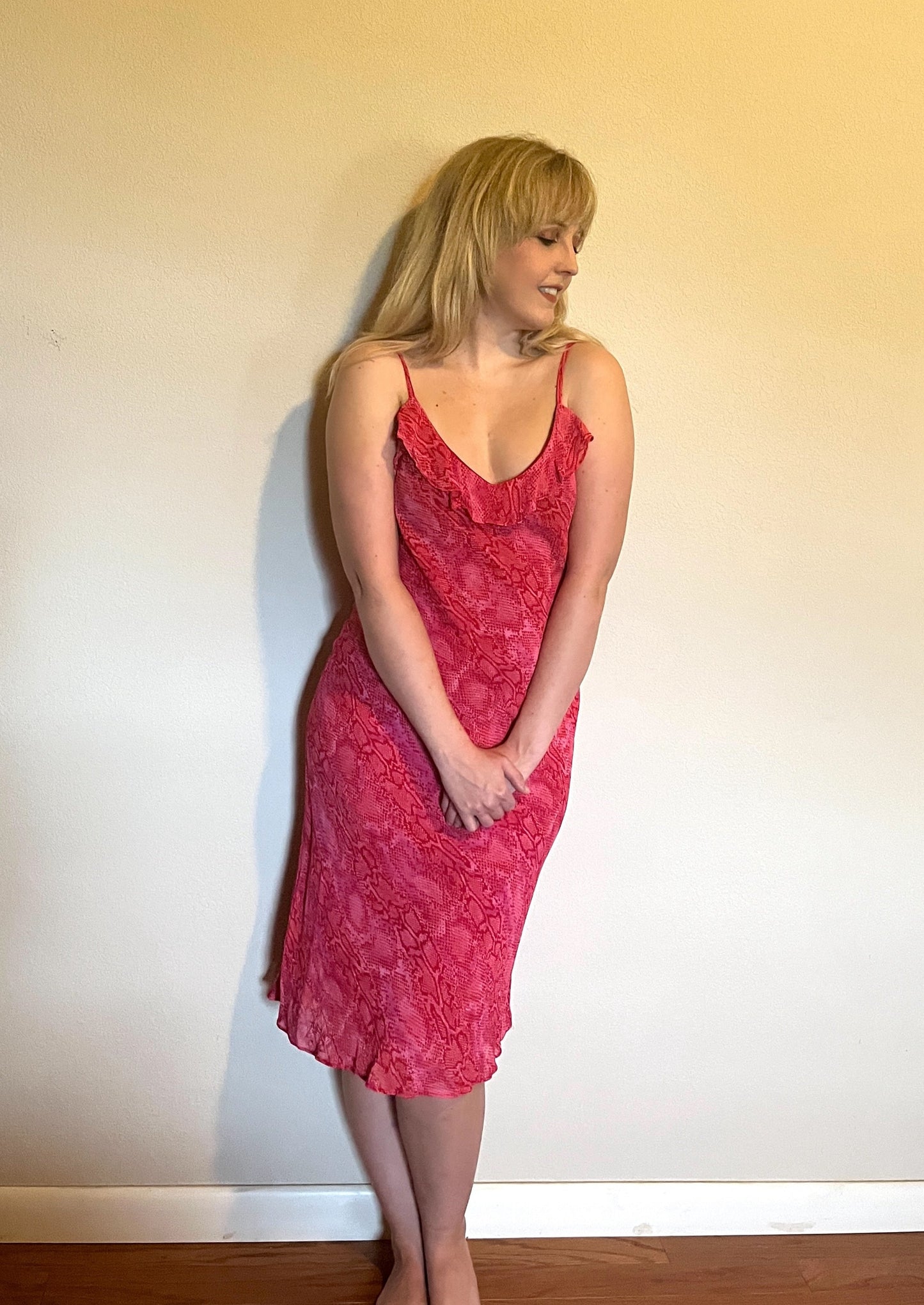 Vintage 1990's "Betsey Johnson" Hot Pink Snake-Print Slip Dress