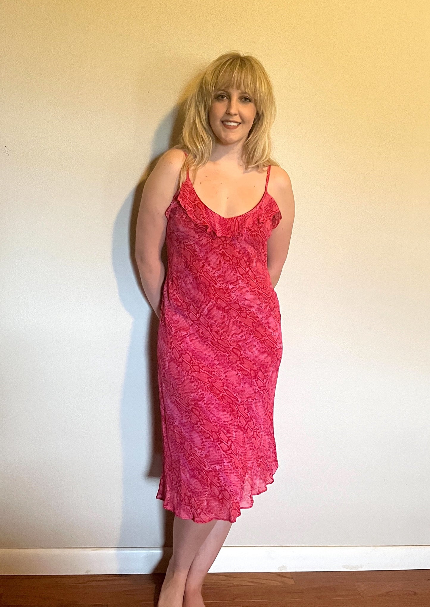 Vintage 1990's "Betsey Johnson" Hot Pink Snake-Print Slip Dress