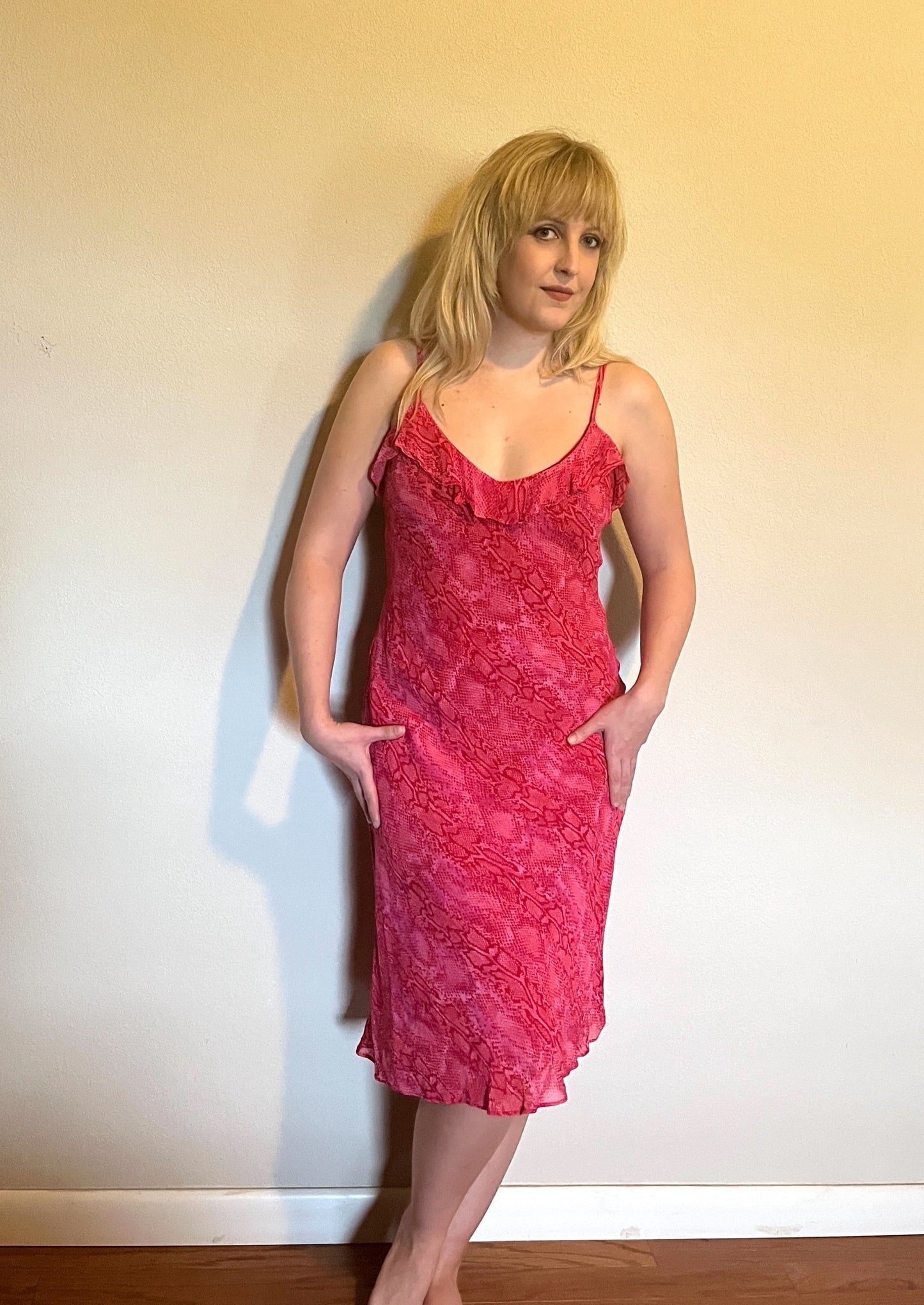 Vintage 1990's "Betsey Johnson" Hot Pink Snake-Print Slip Dress