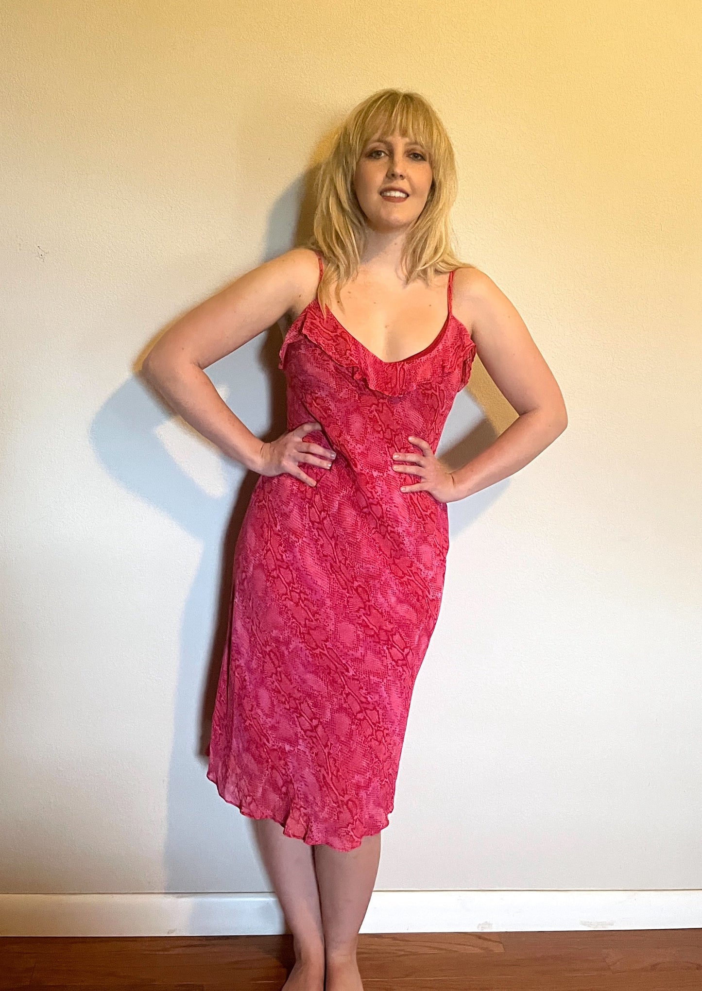 Vintage 1990's "Betsey Johnson" Hot Pink Snake-Print Slip Dress