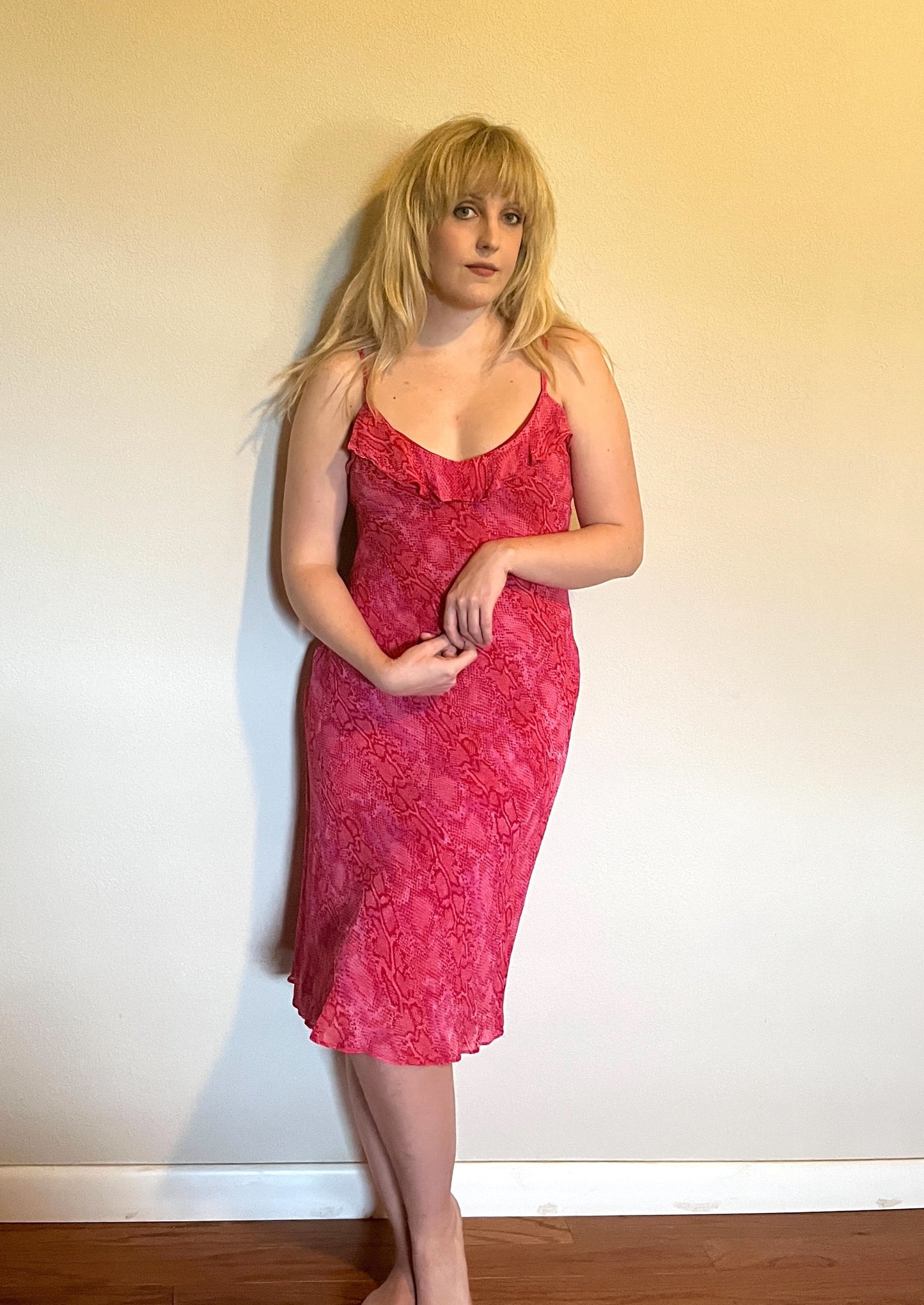 Vintage 1990's "Betsey Johnson" Hot Pink Snake-Print Slip Dress