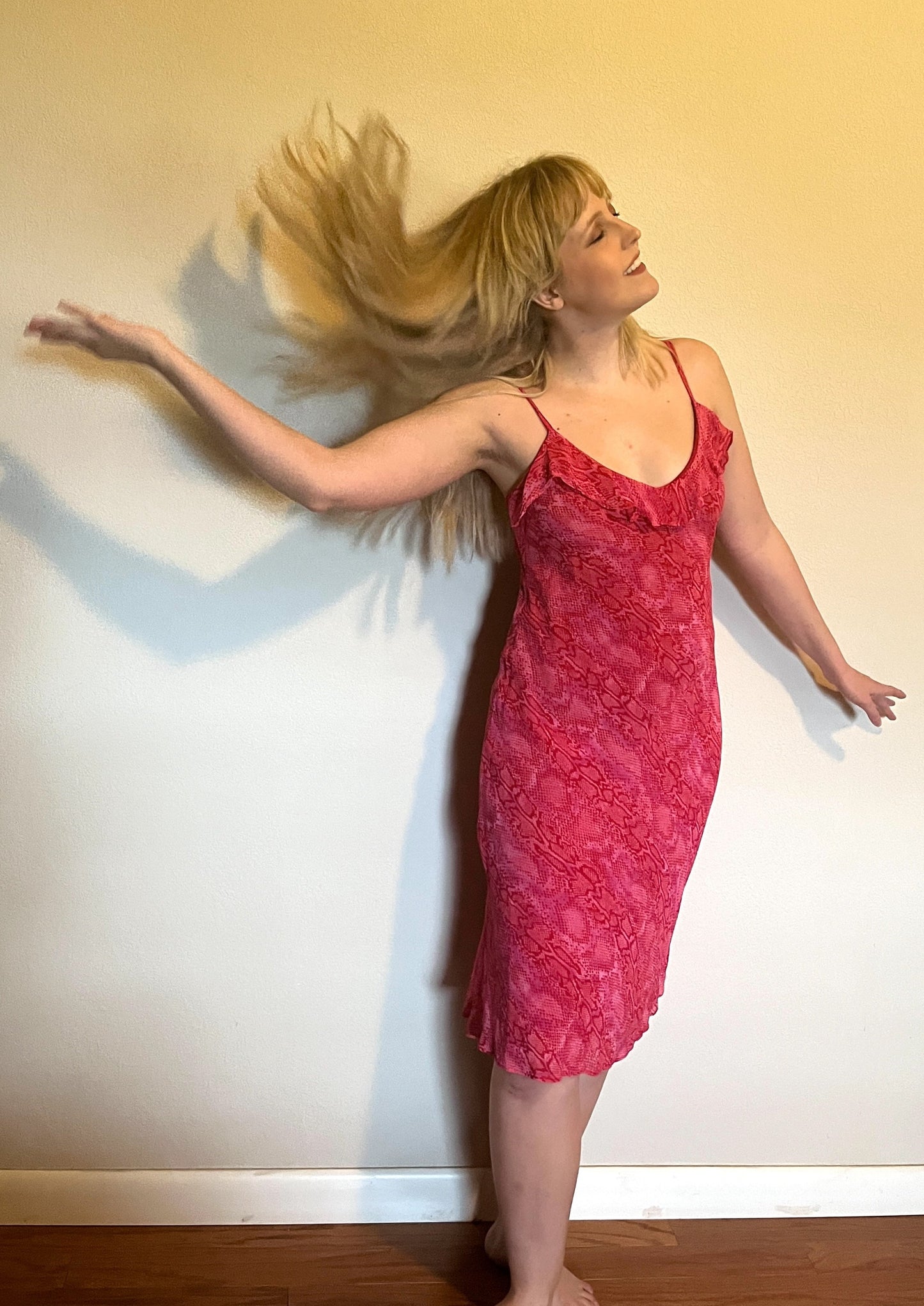 Vintage 1990's "Betsey Johnson" Hot Pink Snake-Print Slip Dress