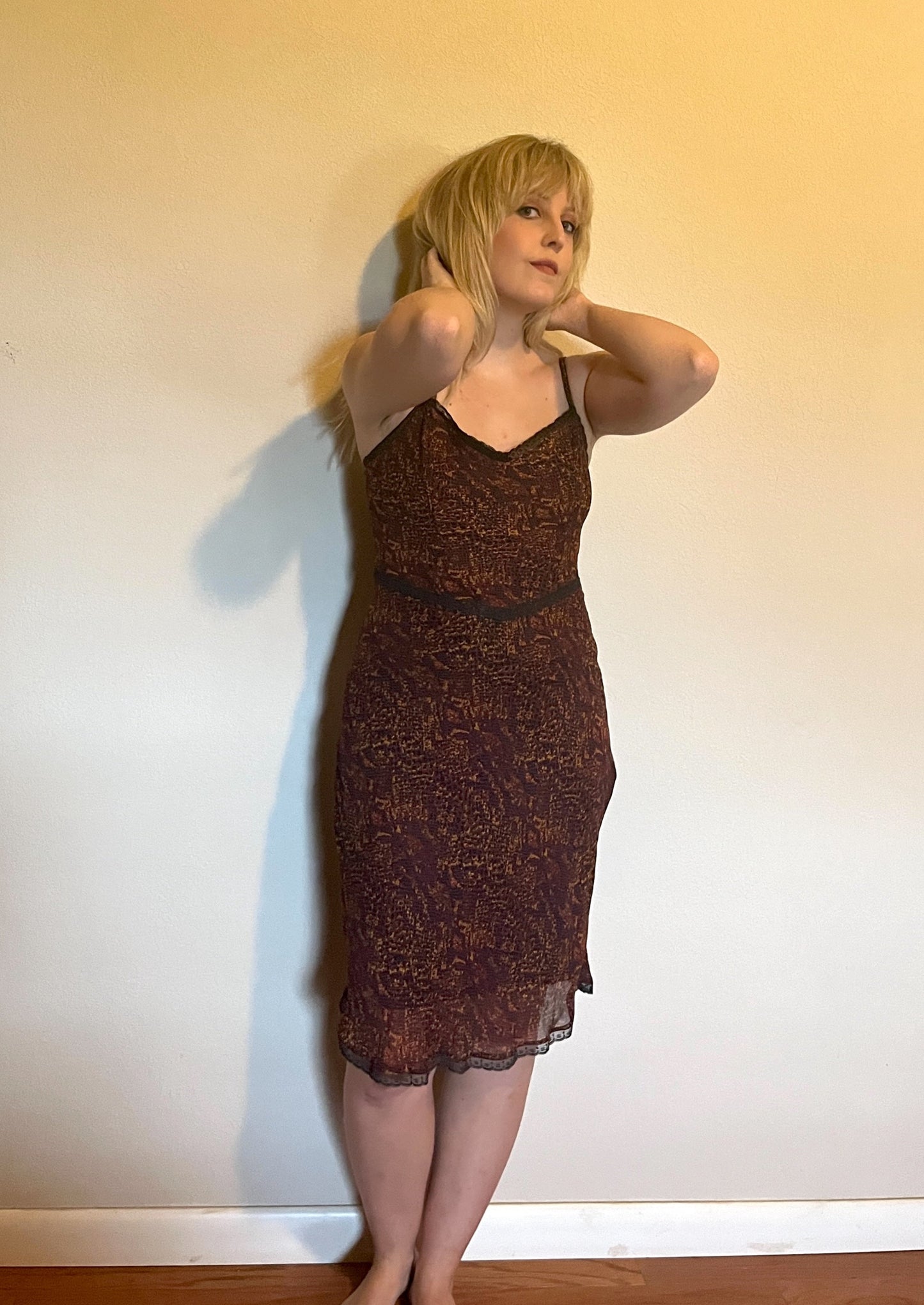 Vintage 1990's "Betsey Johnson" Burgundy & Gold Snake Print Slip Dress