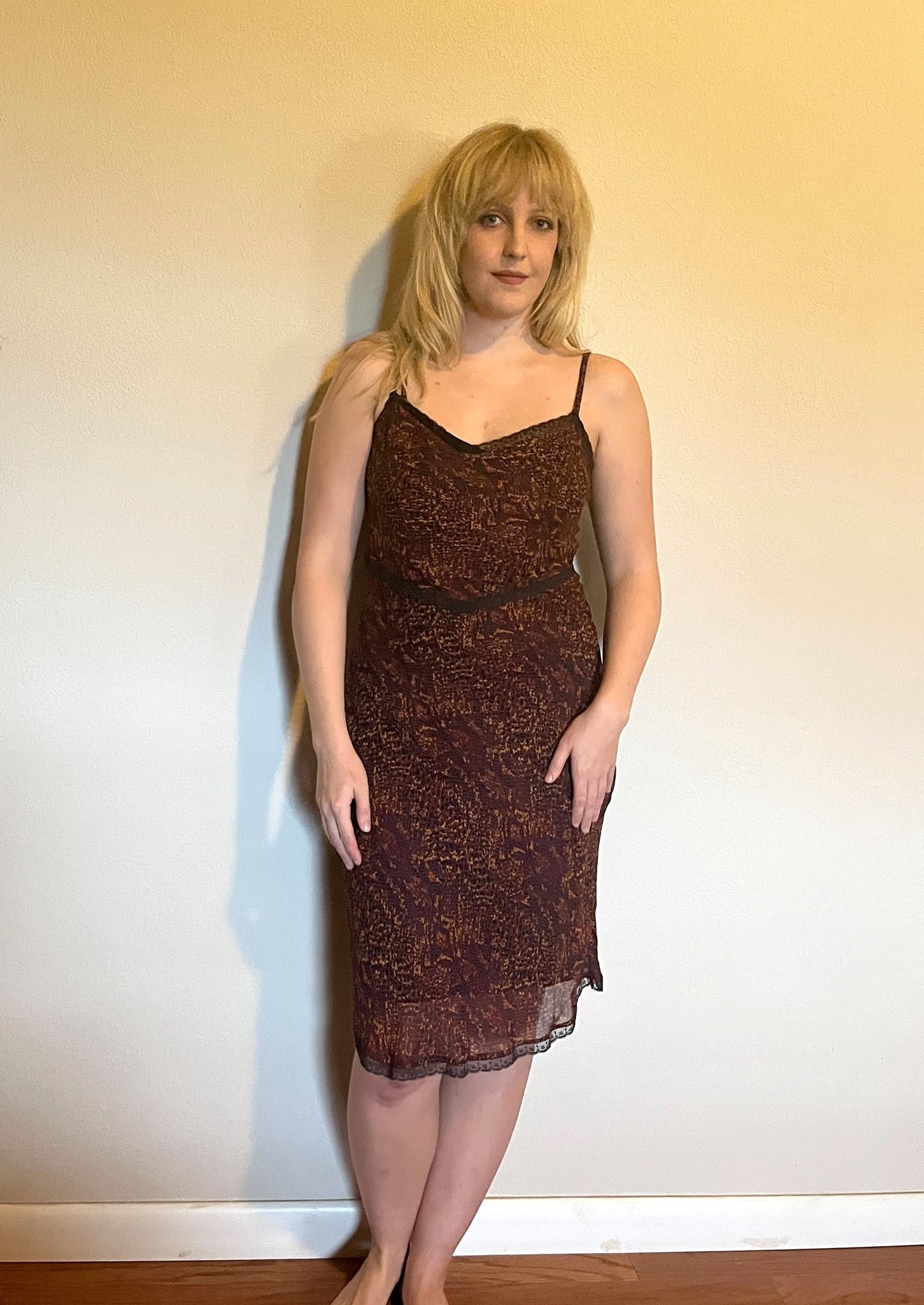 Vintage 1990's "Betsey Johnson" Burgundy & Gold Snake Print Slip Dress