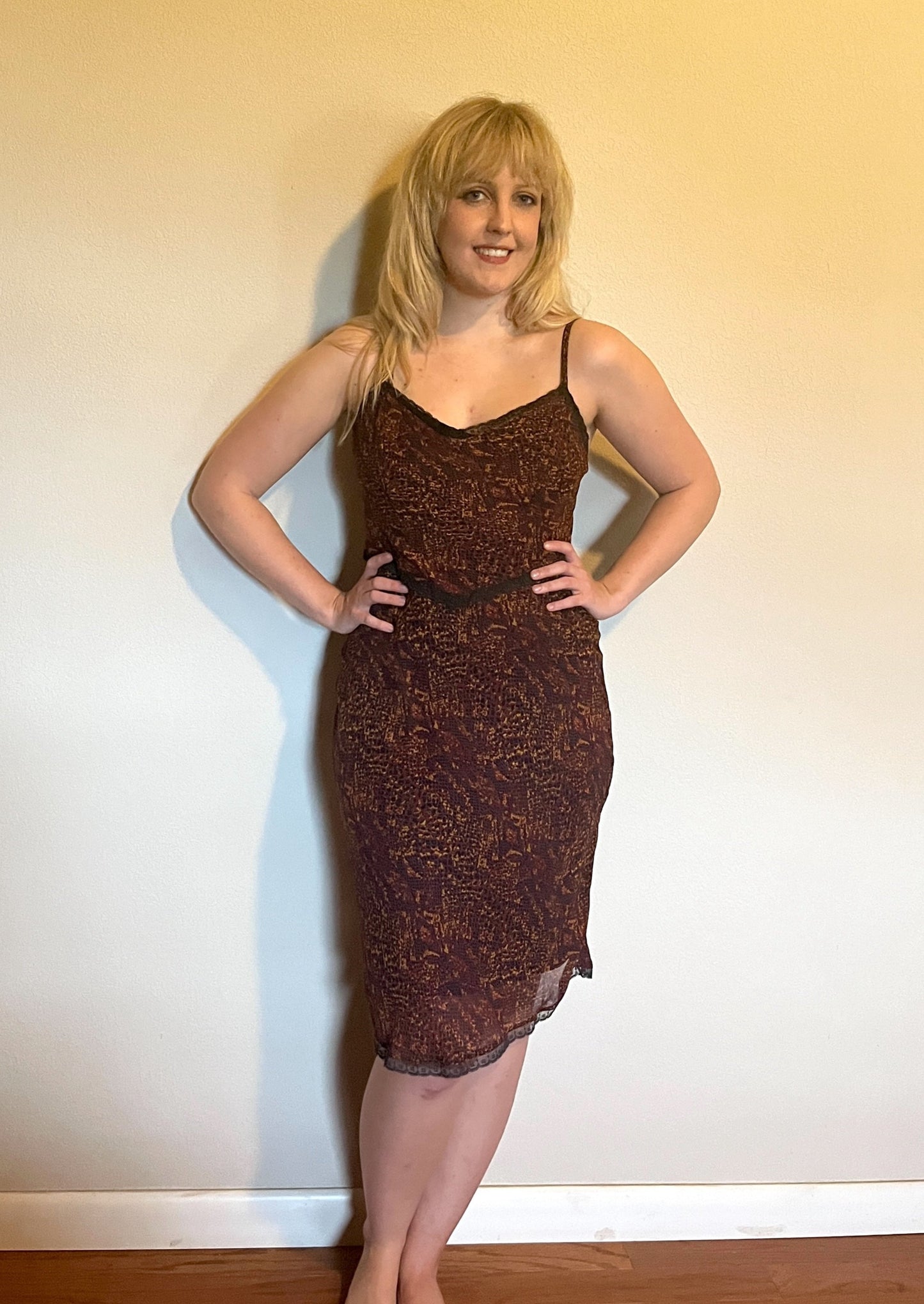 Vintage 1990's "Betsey Johnson" Burgundy & Gold Snake Print Slip Dress