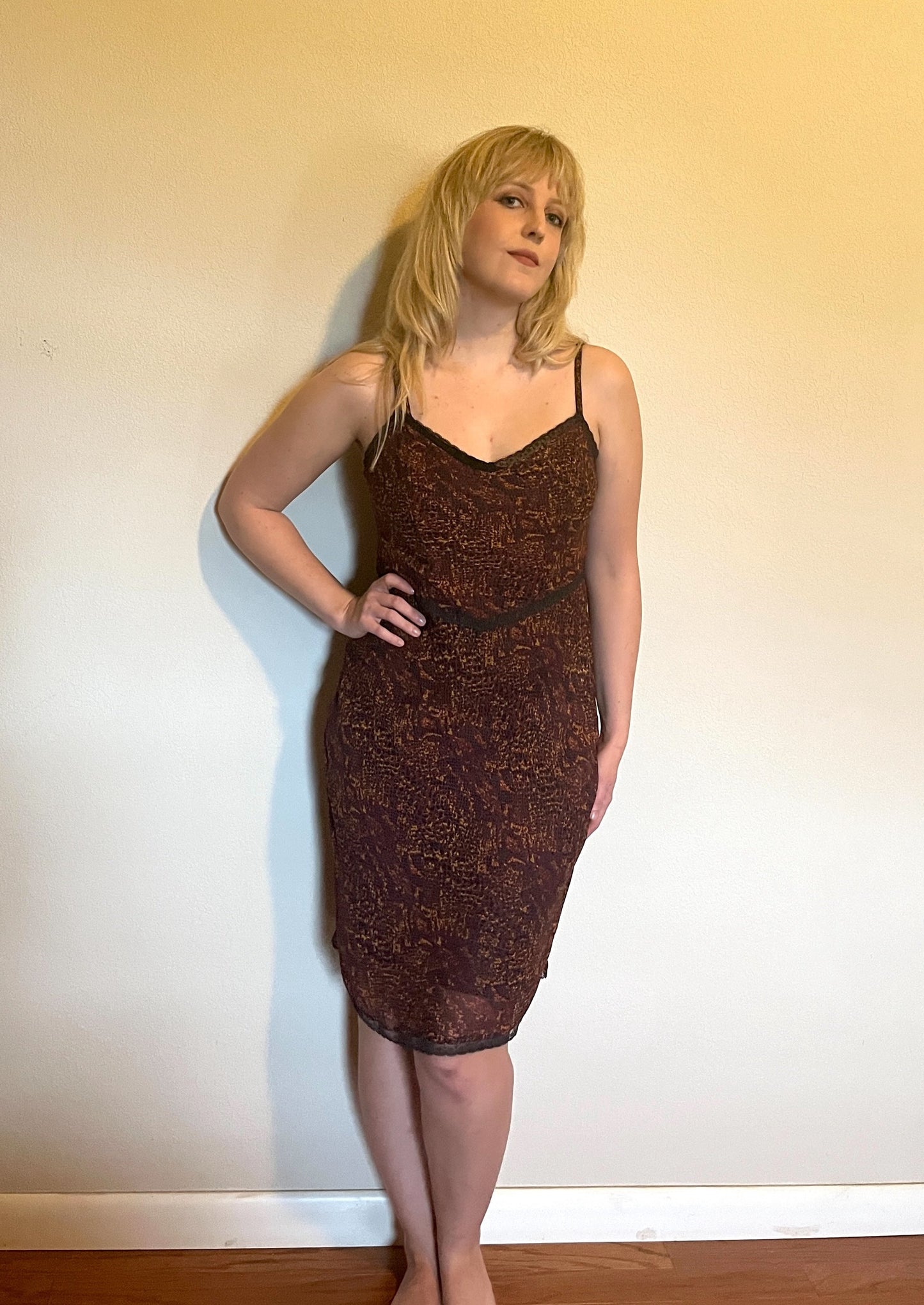 Vintage 1990's "Betsey Johnson" Burgundy & Gold Snake Print Slip Dress