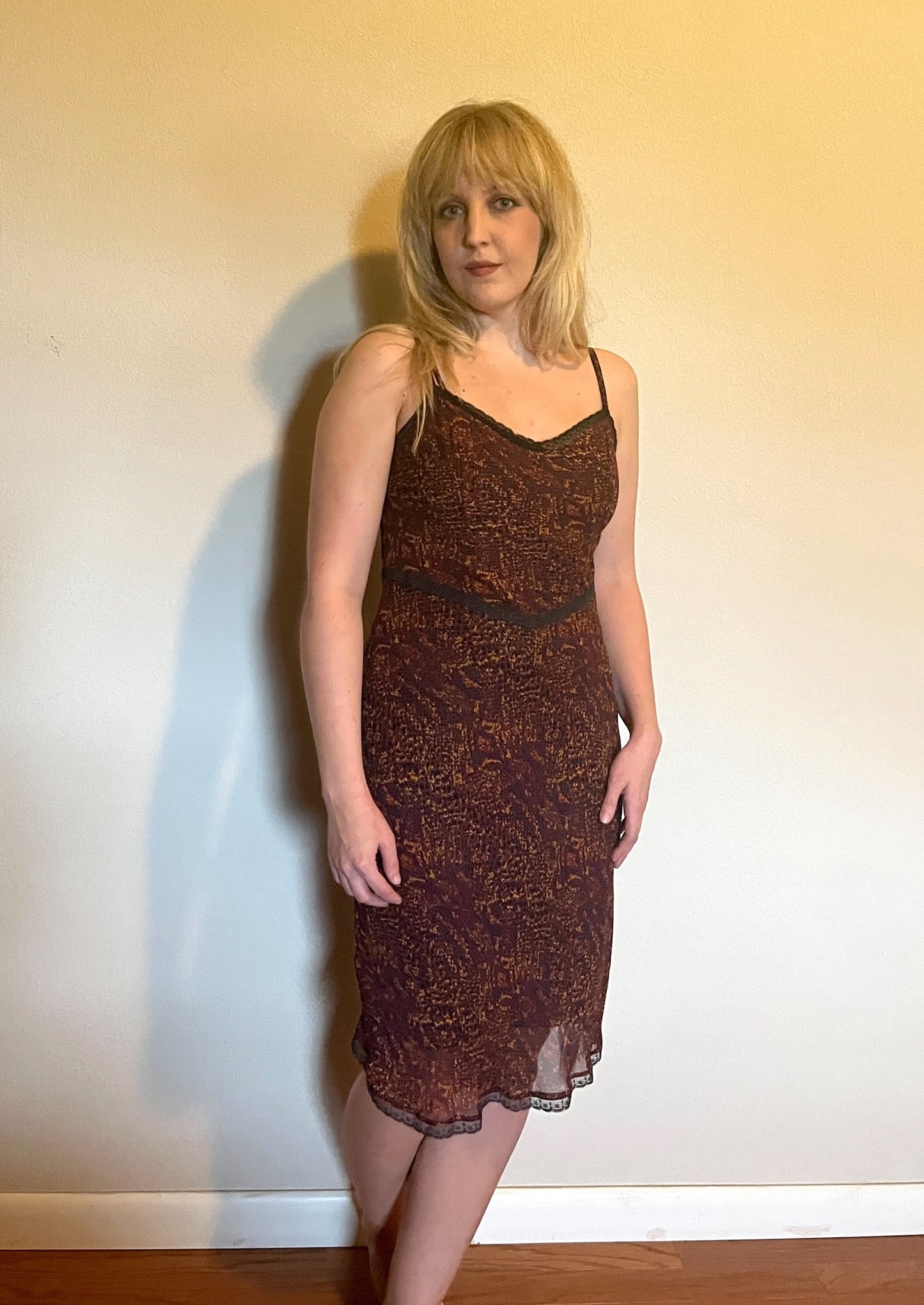 Vintage 1990's "Betsey Johnson" Burgundy & Gold Snake Print Slip Dress