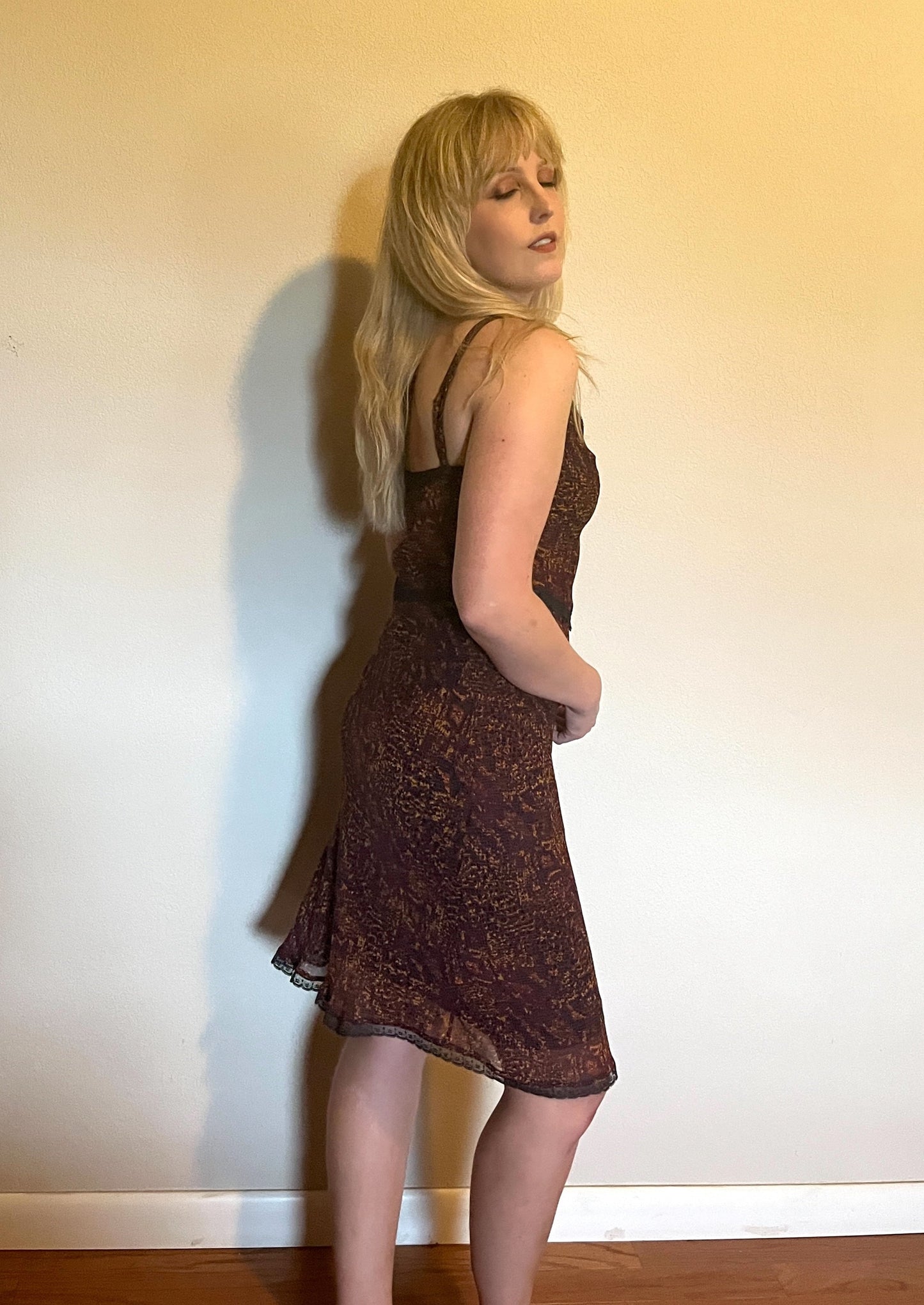 Vintage 1990's "Betsey Johnson" Burgundy & Gold Snake Print Slip Dress