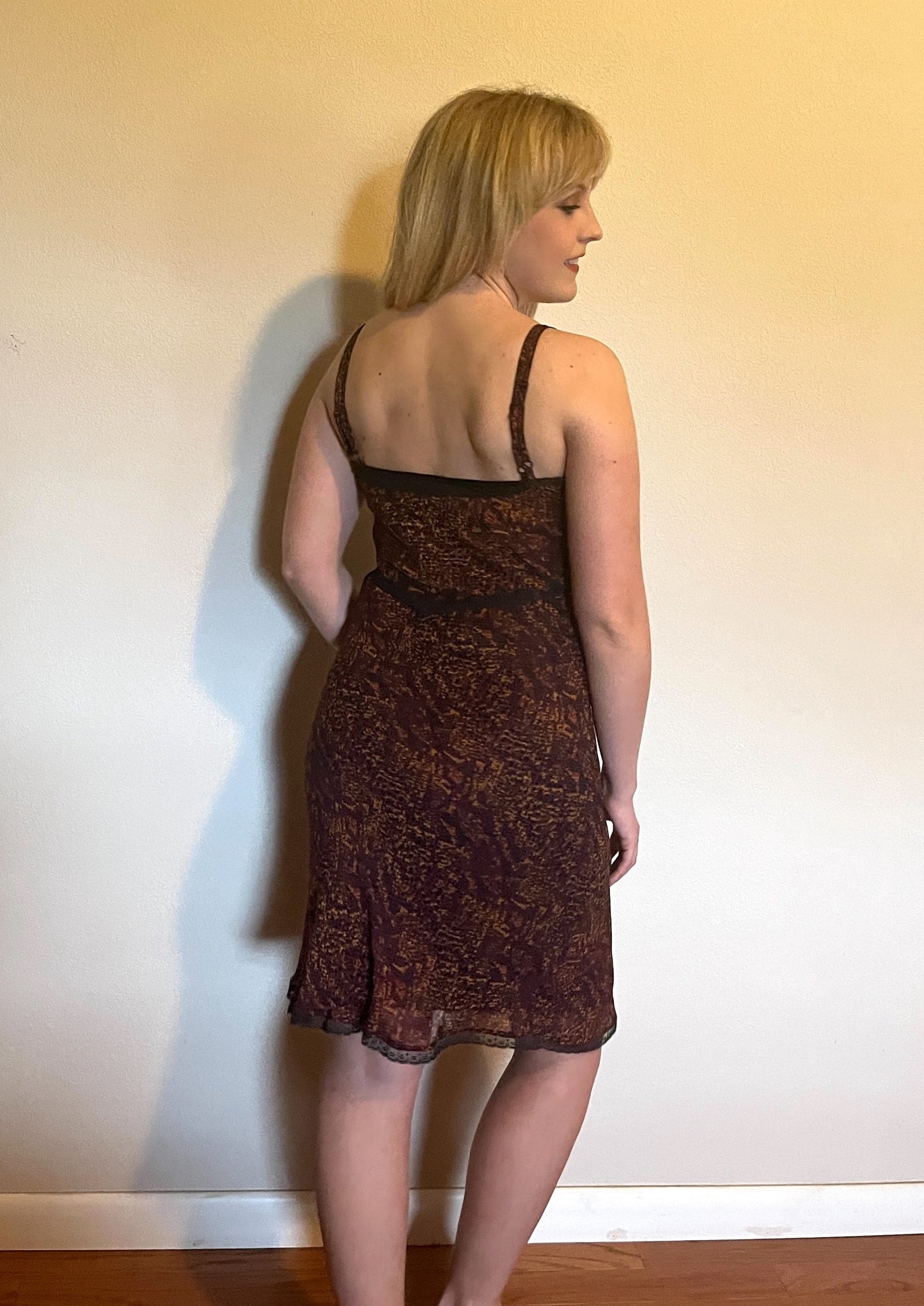 Vintage 1990's "Betsey Johnson" Burgundy & Gold Snake Print Slip Dress