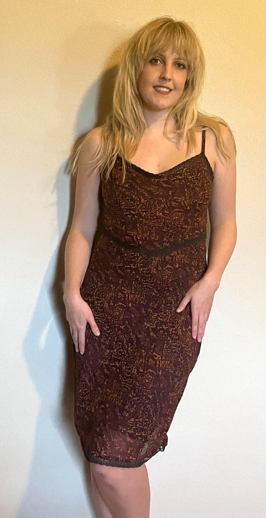 Vintage 1990's "Betsey Johnson" Burgundy & Gold Snake Print Slip Dress