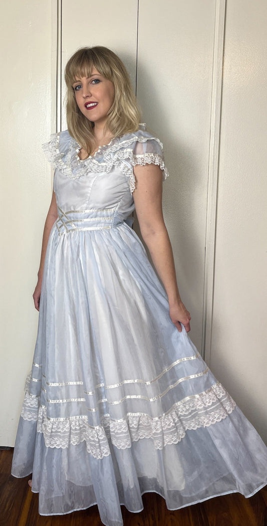 Vintage 1980's "Gunne Sax by Jessica McClintock" Light Blue Ruffle Gown