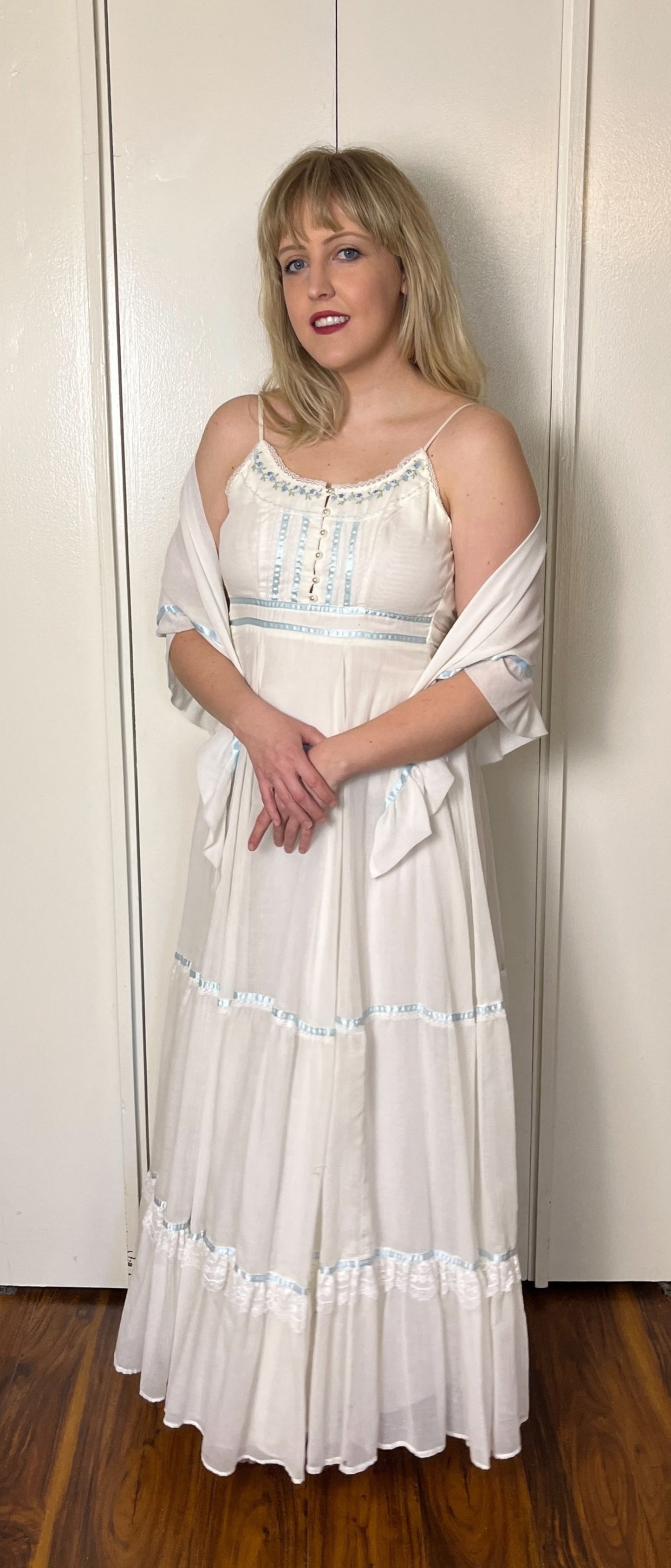 Vintage 1970's "Gunne Sax by Jessica McClintock" White with Blue Flowers Button-Front Maxi Sundress