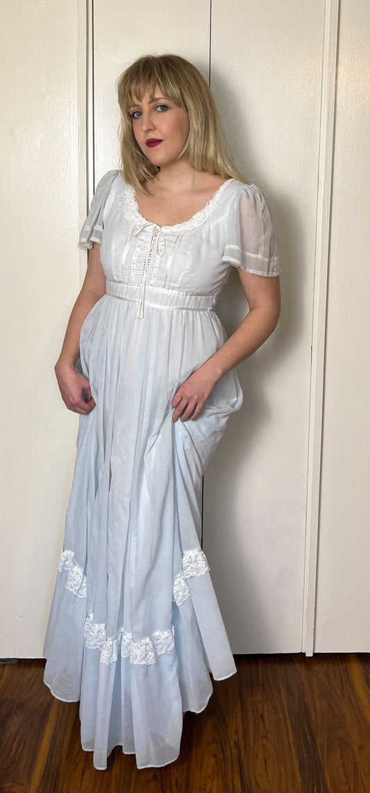 Vintage 1970's "Gunne Sax by Jessica McClintock" Light Blue Flutter Sleeve Maxi Dress
