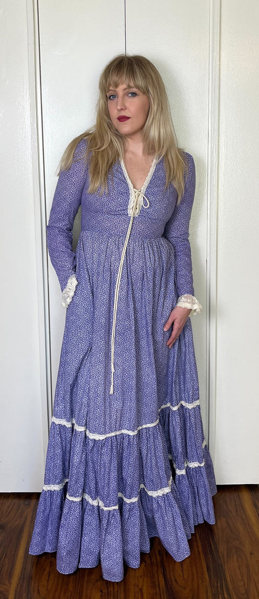 Vintage 1970's "Gunne Sax by Jessica McClintock" (Bicentennial Collection) Blue Calico Long Sleeve Maxi Dress