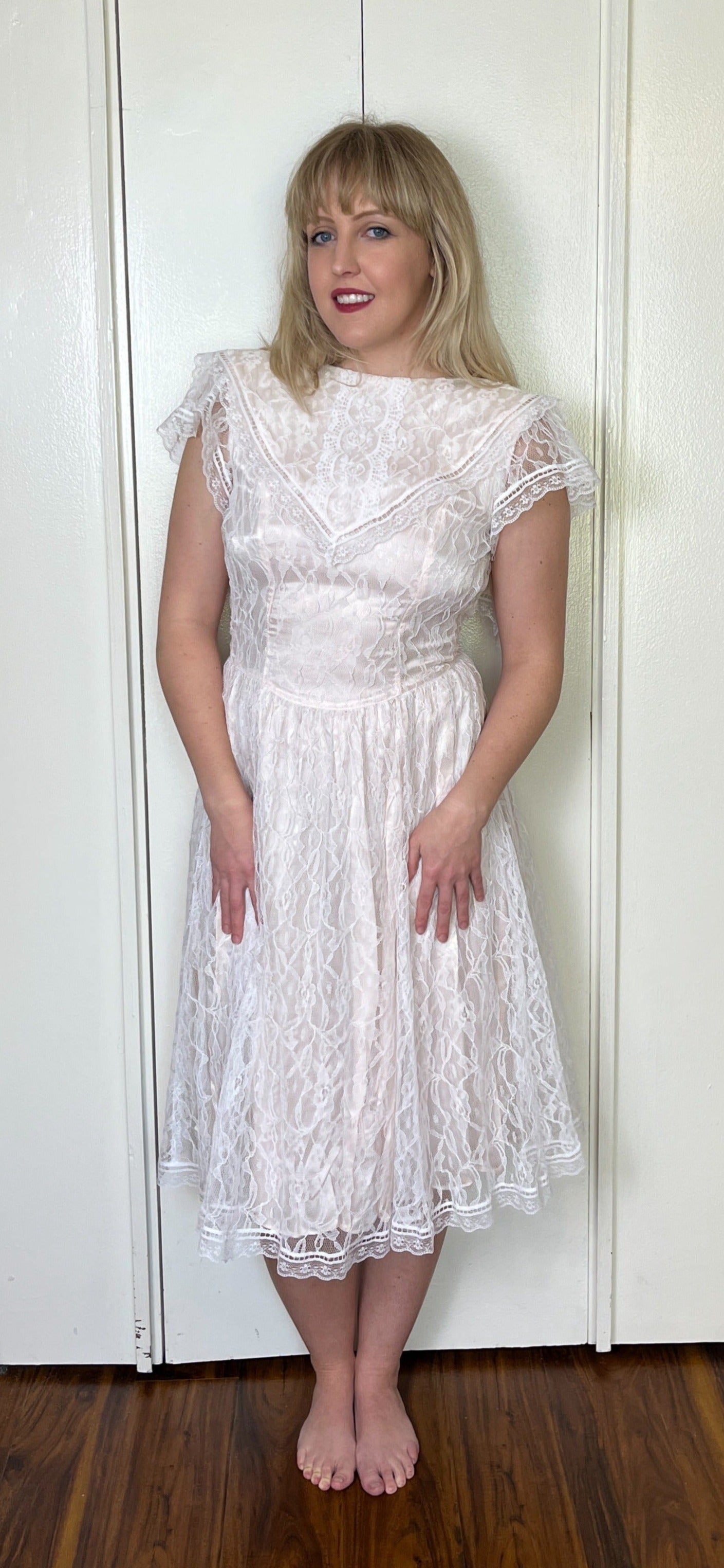Vintage 1980's "Gunne Sax by Jessica McClintock" Light Pink and Lace Midi Dress