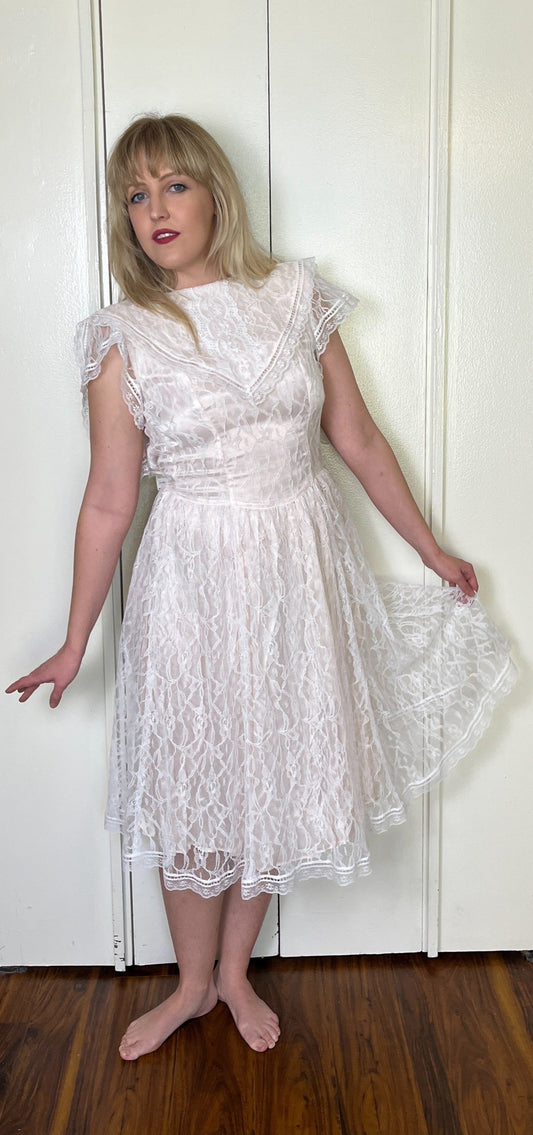 Vintage 1980's "Gunne Sax by Jessica McClintock" Light Pink and Lace Midi Dress