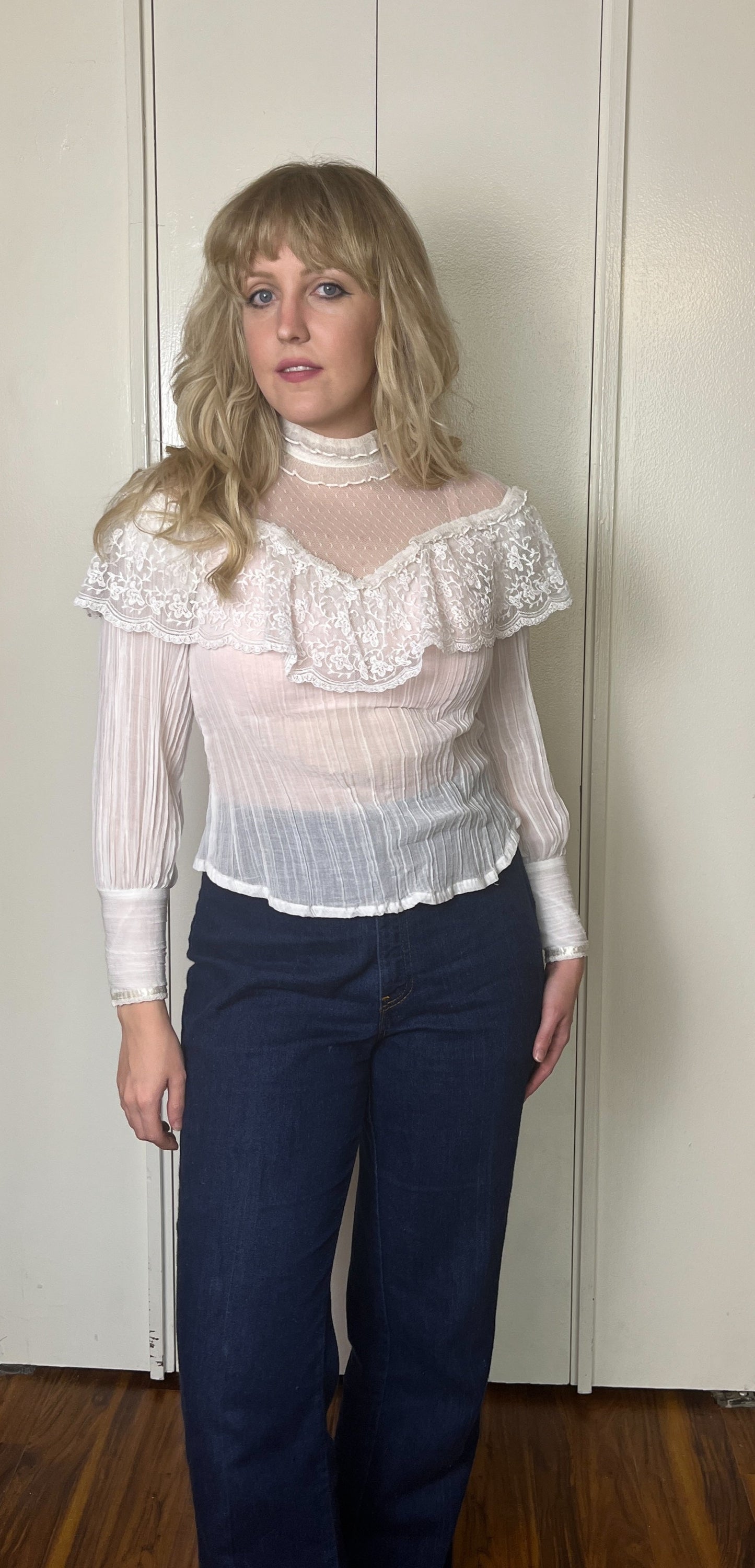 Vintage 1970's "Gunne Sax by Jessica McClintock" White Cotton-Gauze Blouse