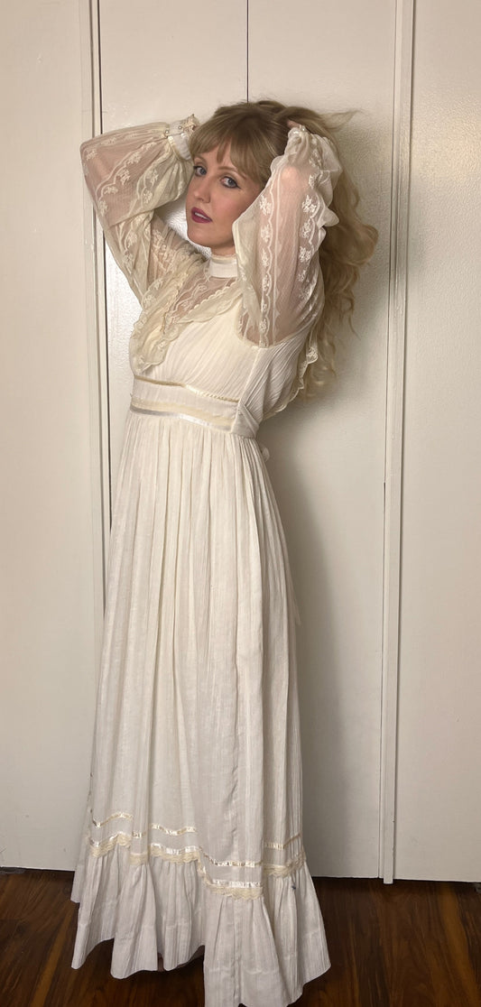 Vintage 1970's "Gunne Sax by Jessica McClintock" Off-White Cotton-Gauze Maxi Dress